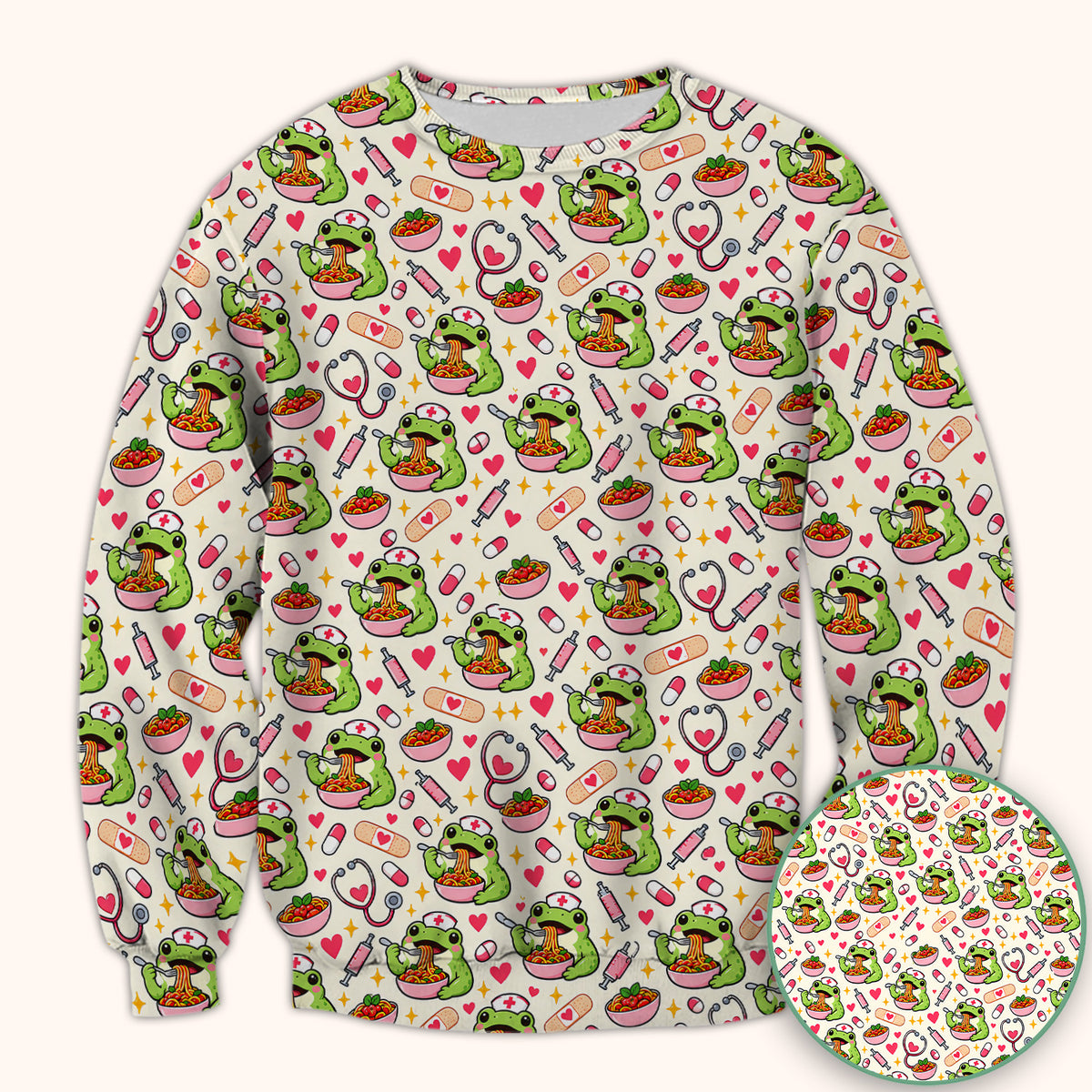 Cute Nurse Frogs Eating Noodles Scrub Top, Comfortable Scrubs for Nurses