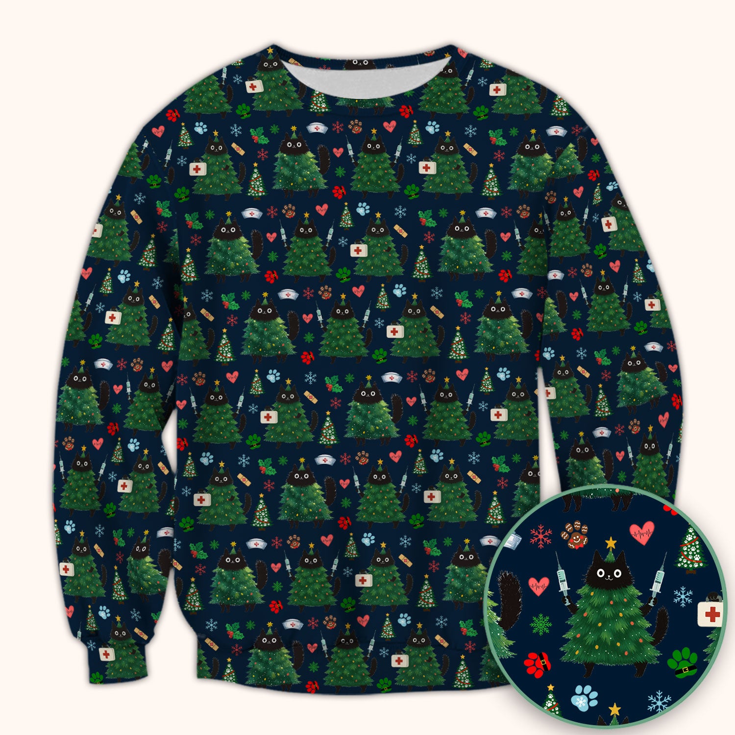 Christmas Nurse Scrub Top, Xmas Black Cat Pattern Nurse Shirt,  Breathable Fabrics Nursing Uniform