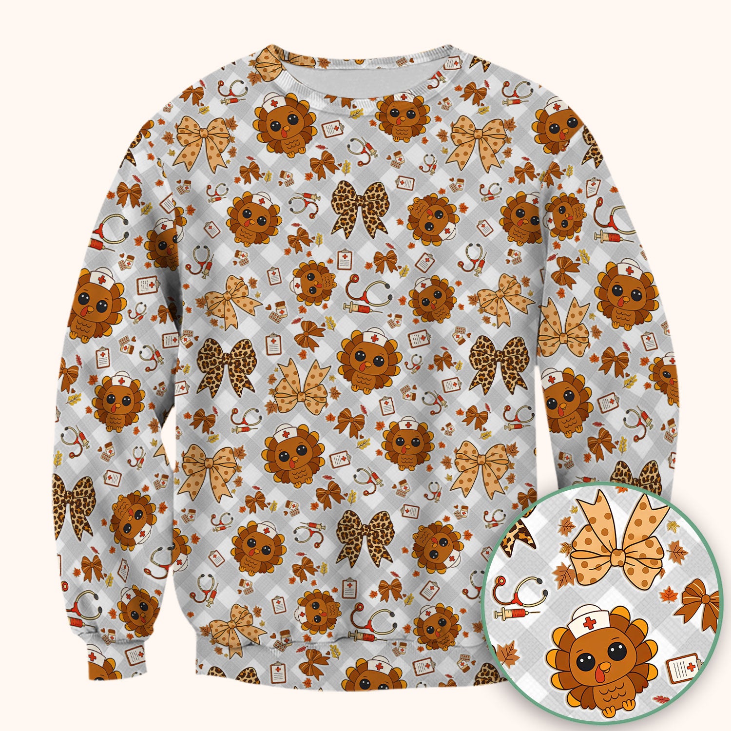 Thanksgiving Turkey Scrub Top for Nurses - Cute Fall Leaves and Bow Shirt - Funny Autumn Nursing Gift for Women RN LPN CNA