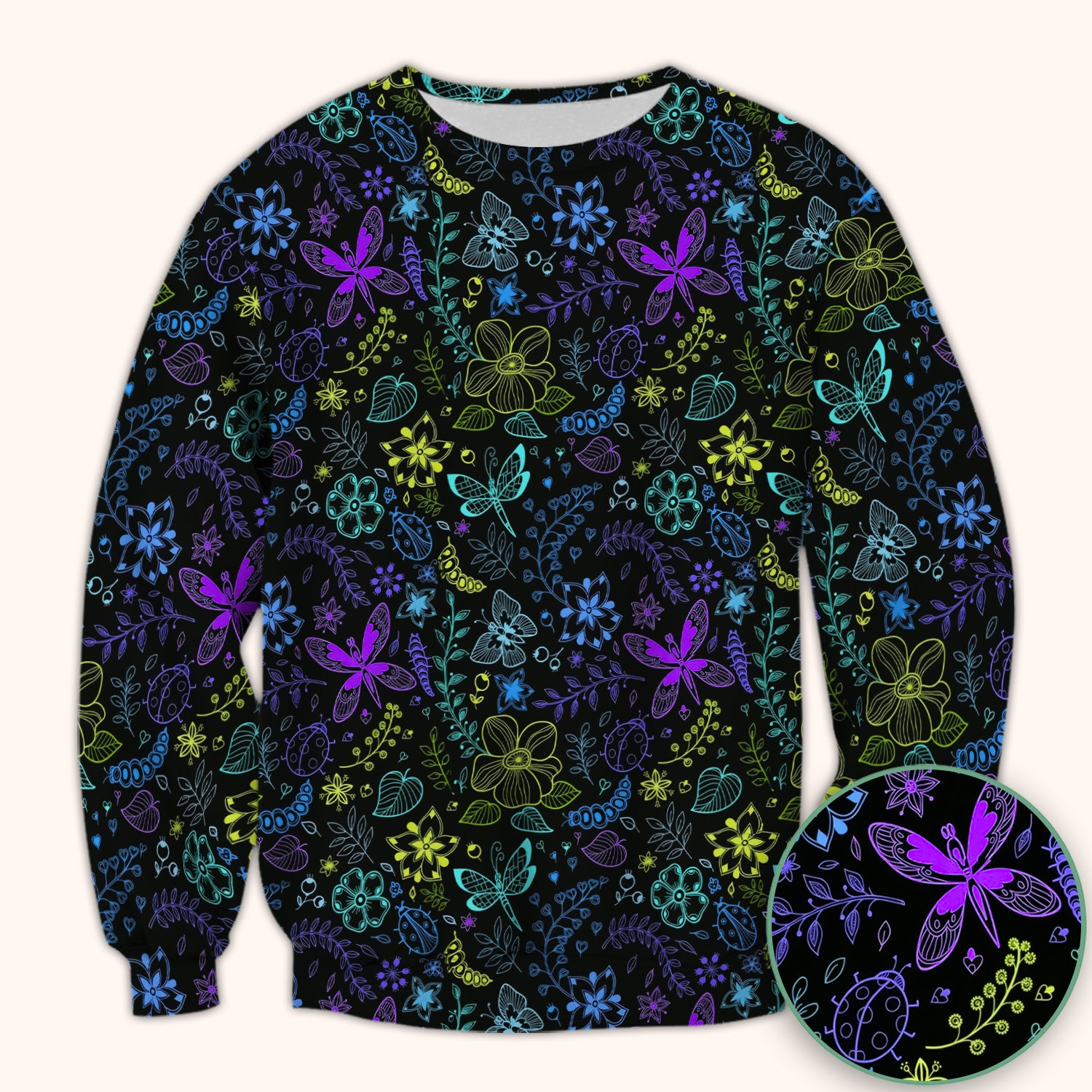 Neon Butterfly and Floral Garden Pattern Scrub Top, Comfortable Scrubs for Nurses