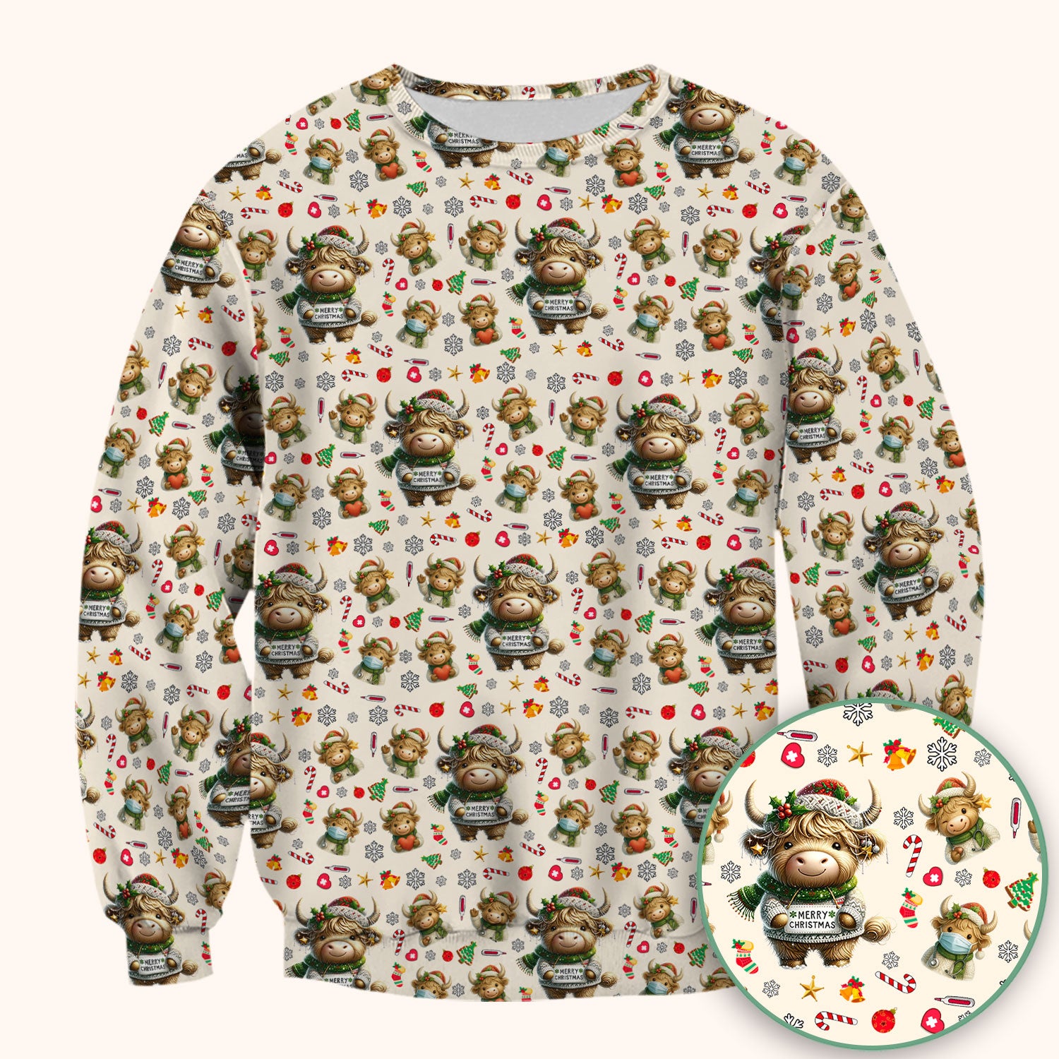 Highland Cow Christmas Scrub Top, Festive Cow Nurse Shirt With Holiday Pattern, Cute Medical Uniform For Women