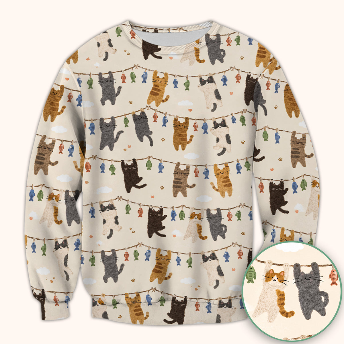 Cute Hanging Cat Fishline Pattern Scrub Top, Comfortable Scrubs for Nurses