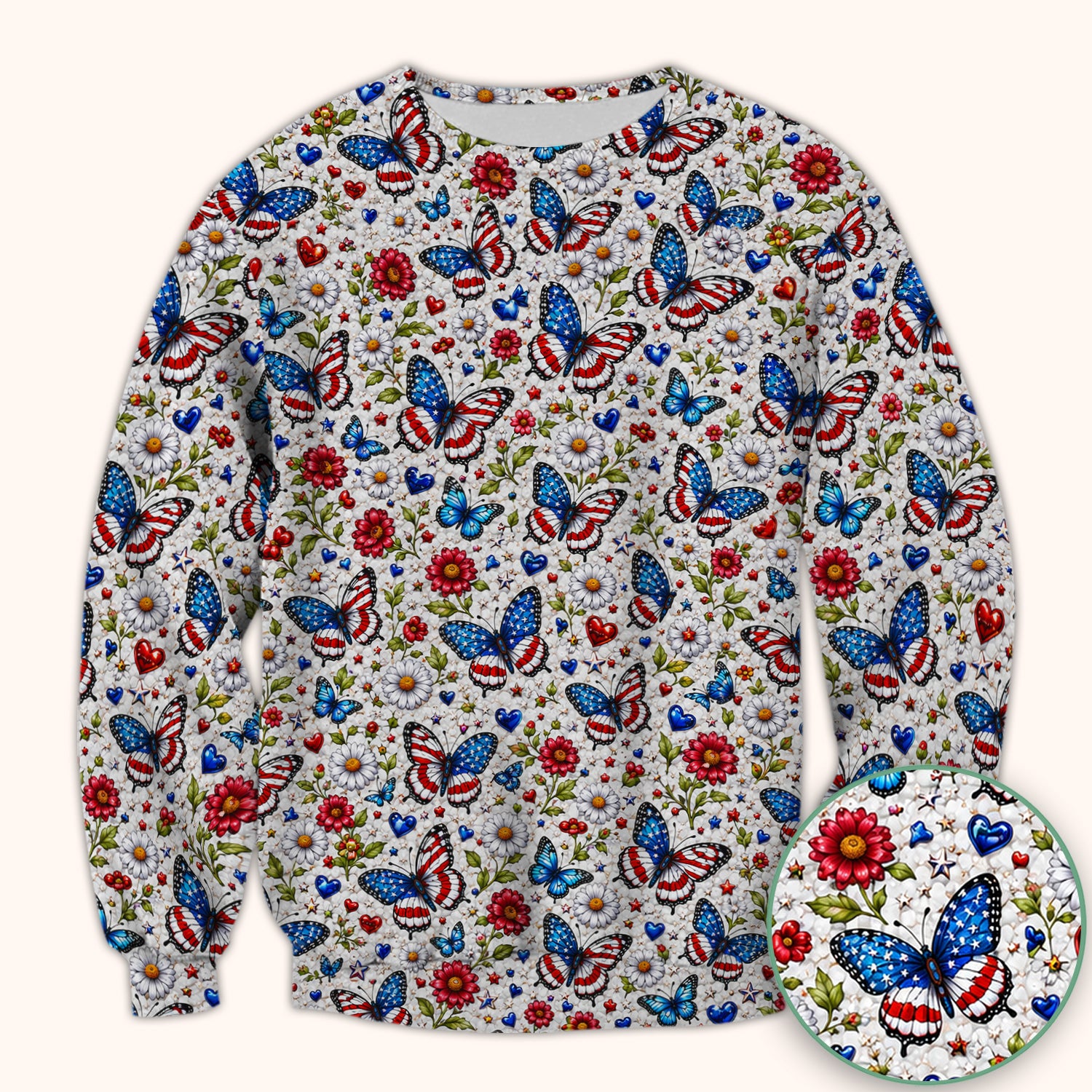 Patriotic Butterfly Daisy Heart Pattern Scrub Top, Comfortable Scrubs for Nurses