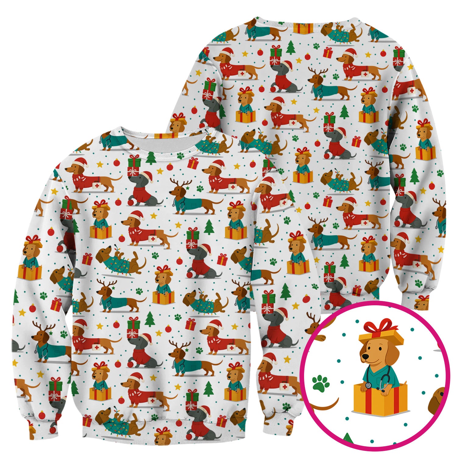 Dachshund Scrub Top Christmas - Cute Dog Nurse Shirt - Holiday Medical Scrubs Gift for Women CNA RN Doctor