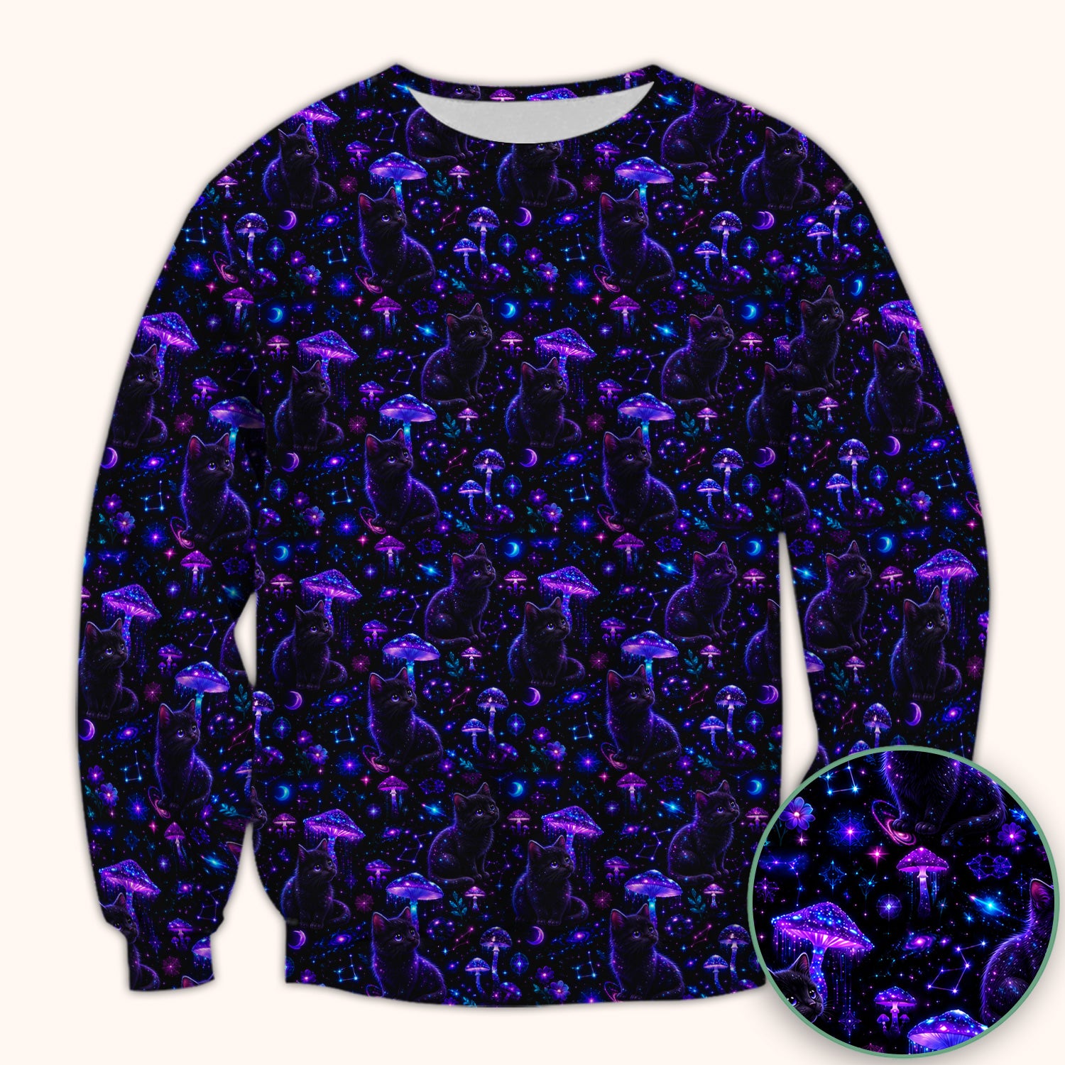 Mystical Black Cat Neon Mushroom Print Scrub Top, Comfortable Scrubs for Nurses