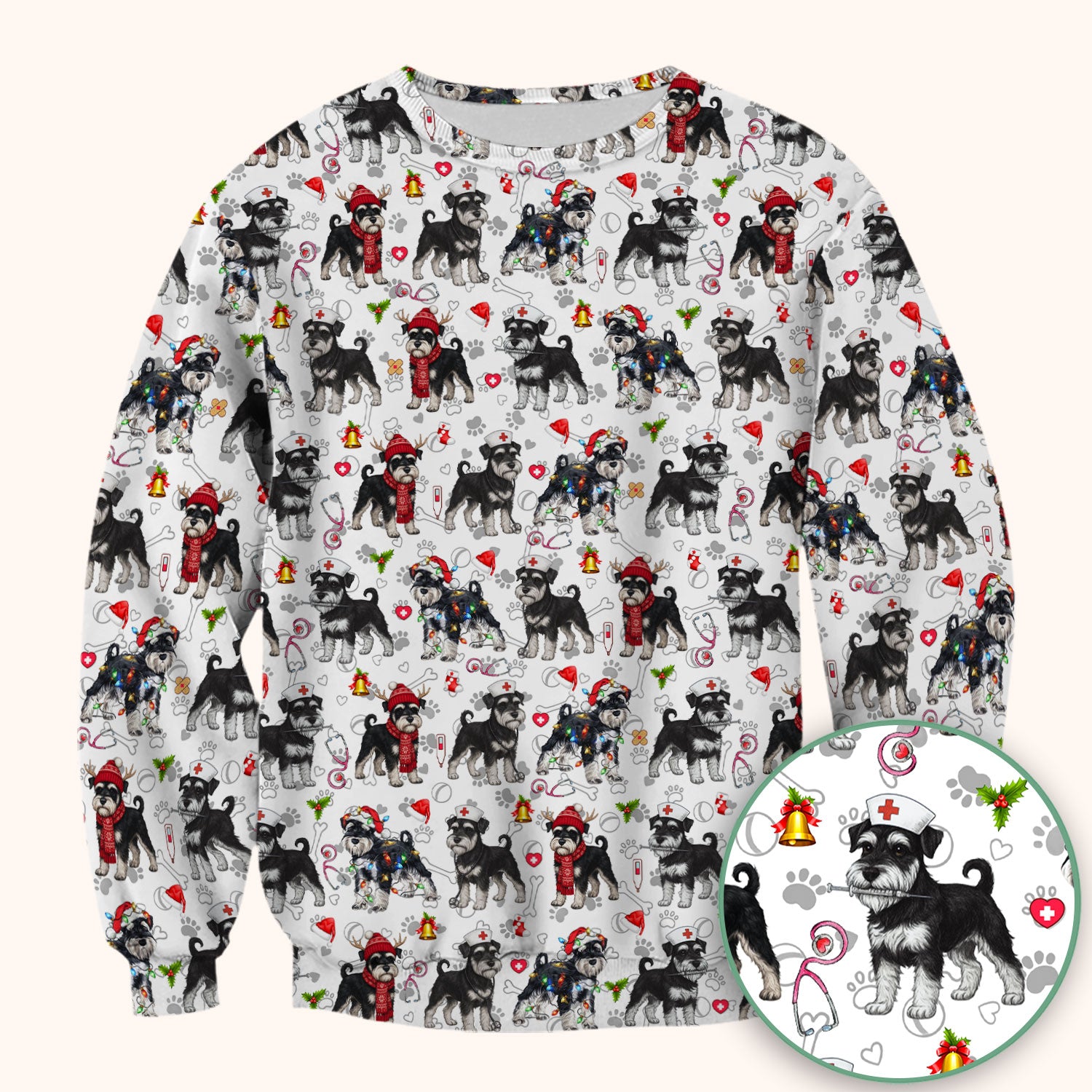 Christmas Schnauzer Scrubs for Nurses - Cute Dog Holiday Scrub Top - Funny Santa Nursing Medical Shirt for Women