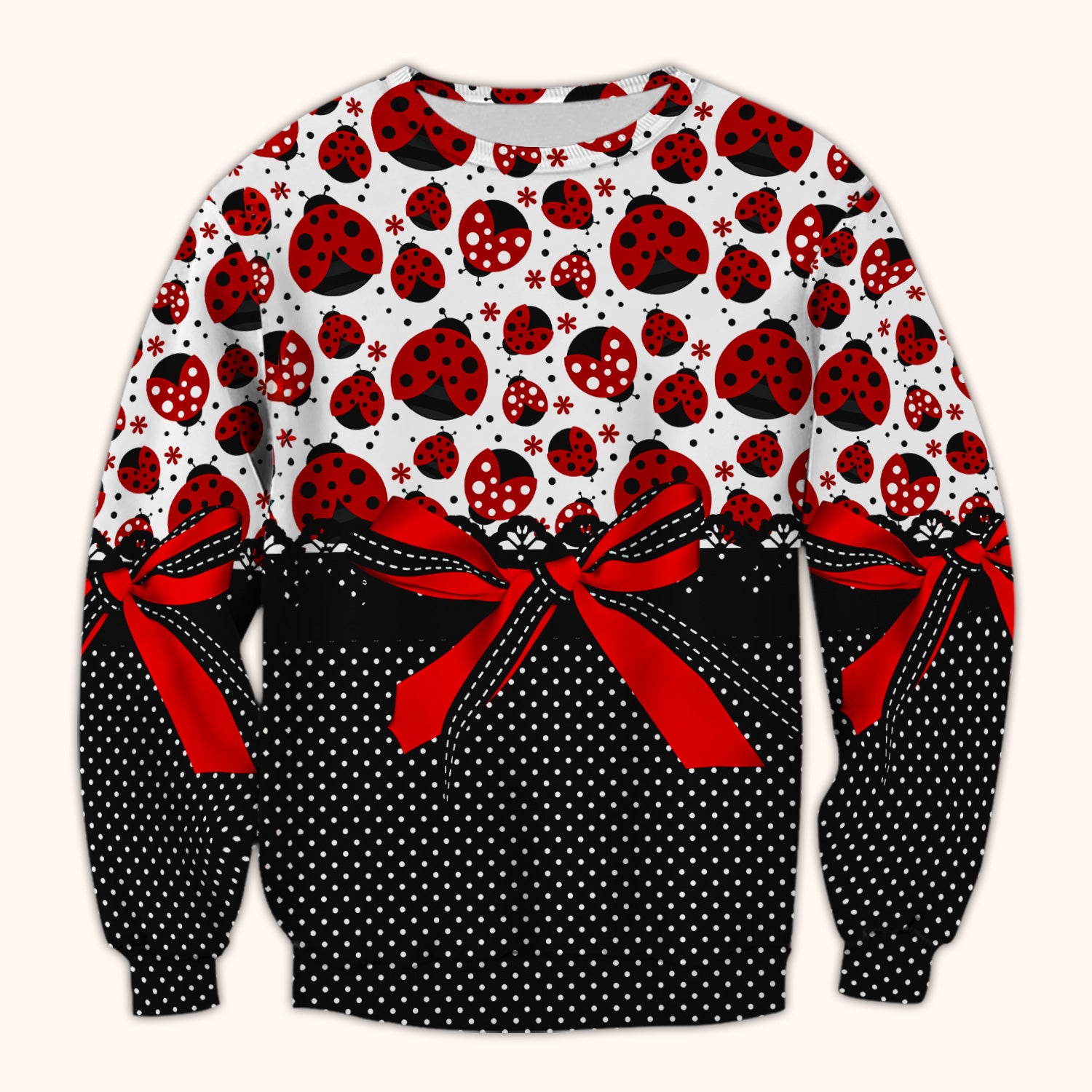 Cute Ladybug Red Ribbon Polka Pattern Scrub Top, Breathable Fabrics Nursing Uniform
