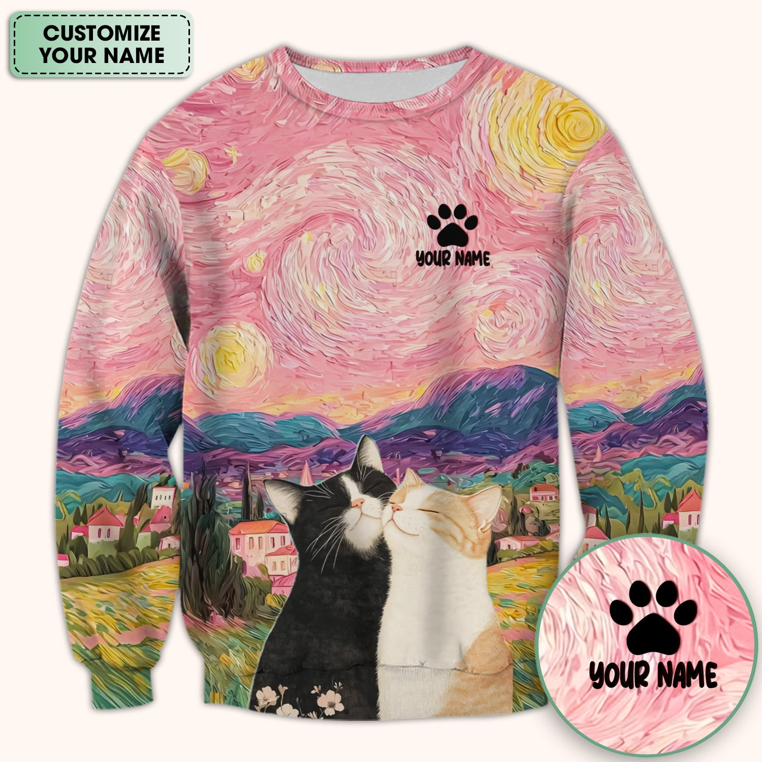 Personalized Cat Couple Sunset Swirl Sky Landscape Pattern Scrub Top, Comfortable Scrubs for Nurses