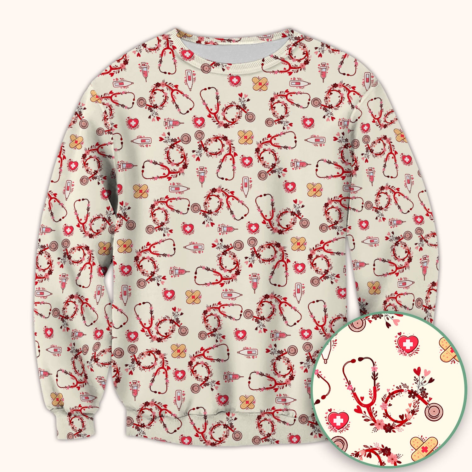 Heart Stethoscope Medical Pattern Scrub Top, Breathable Fabrics Nursing Uniform