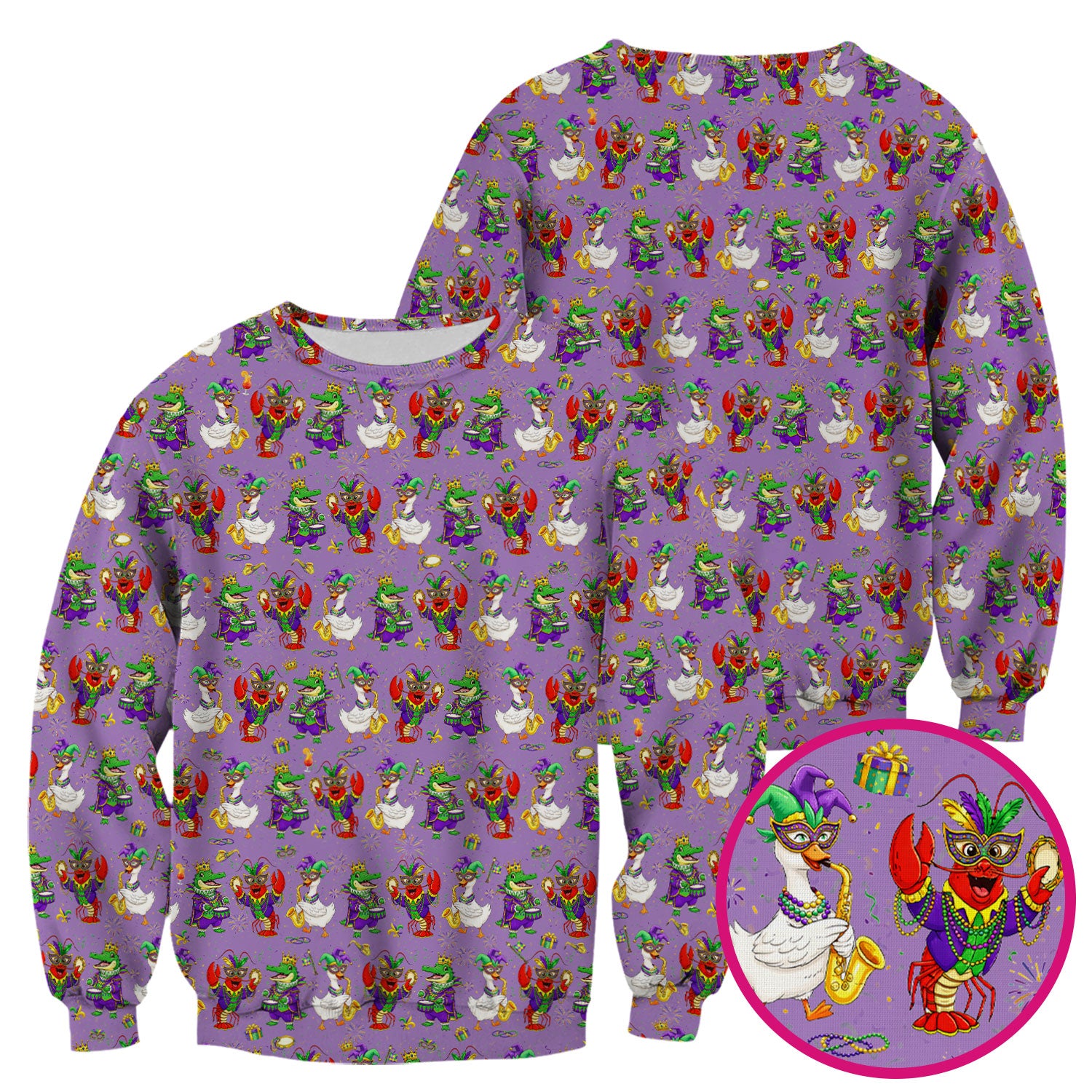 Crawfish And Duck Carnival Scrub Top, Mardi Gras Parade Pattern Nurse Shirt, Breathable Fabrics Nursing Uniform