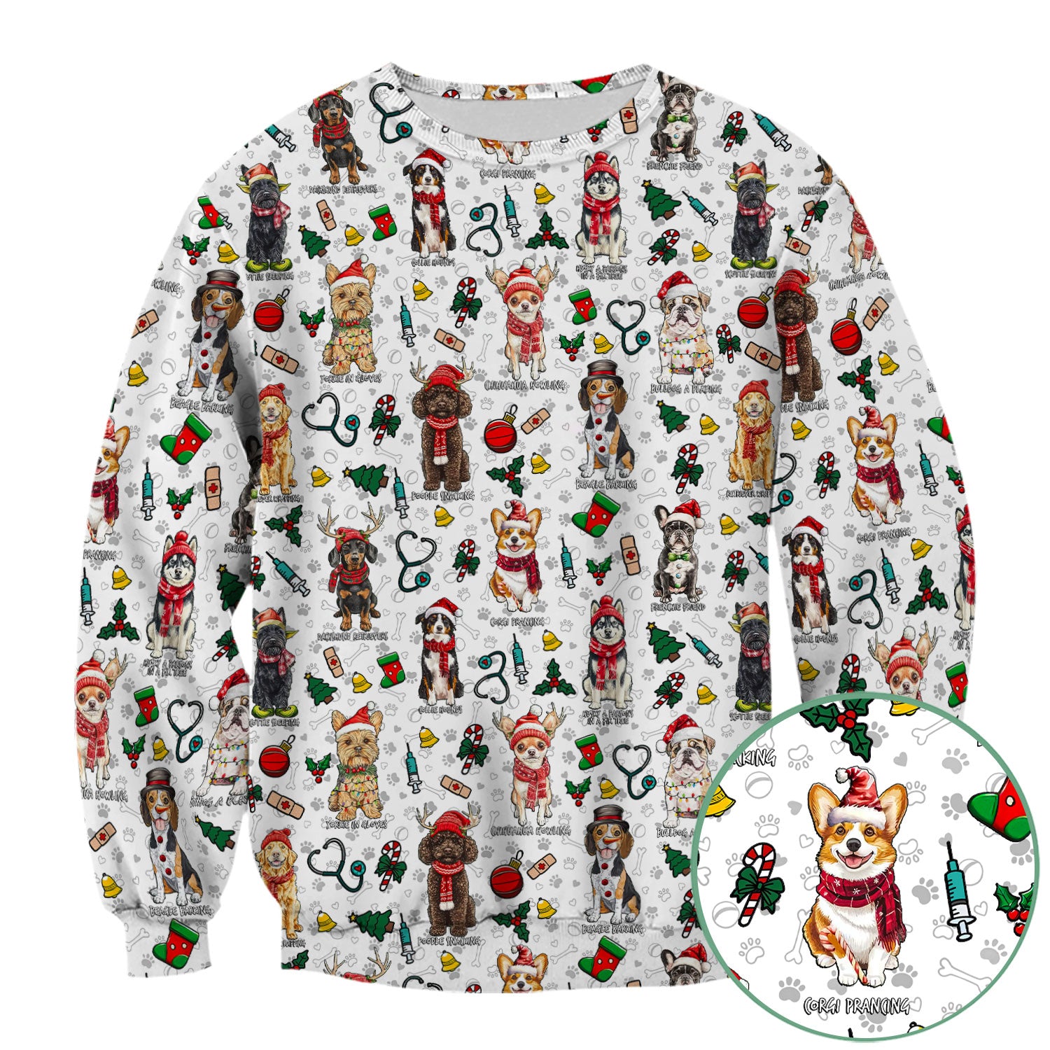 Cute Christmas Dog Scrubs for Nurses - Corgi, Dachshund, Husky, Poodle & Labrador - Funny Holiday Medical Scrub Top for Women