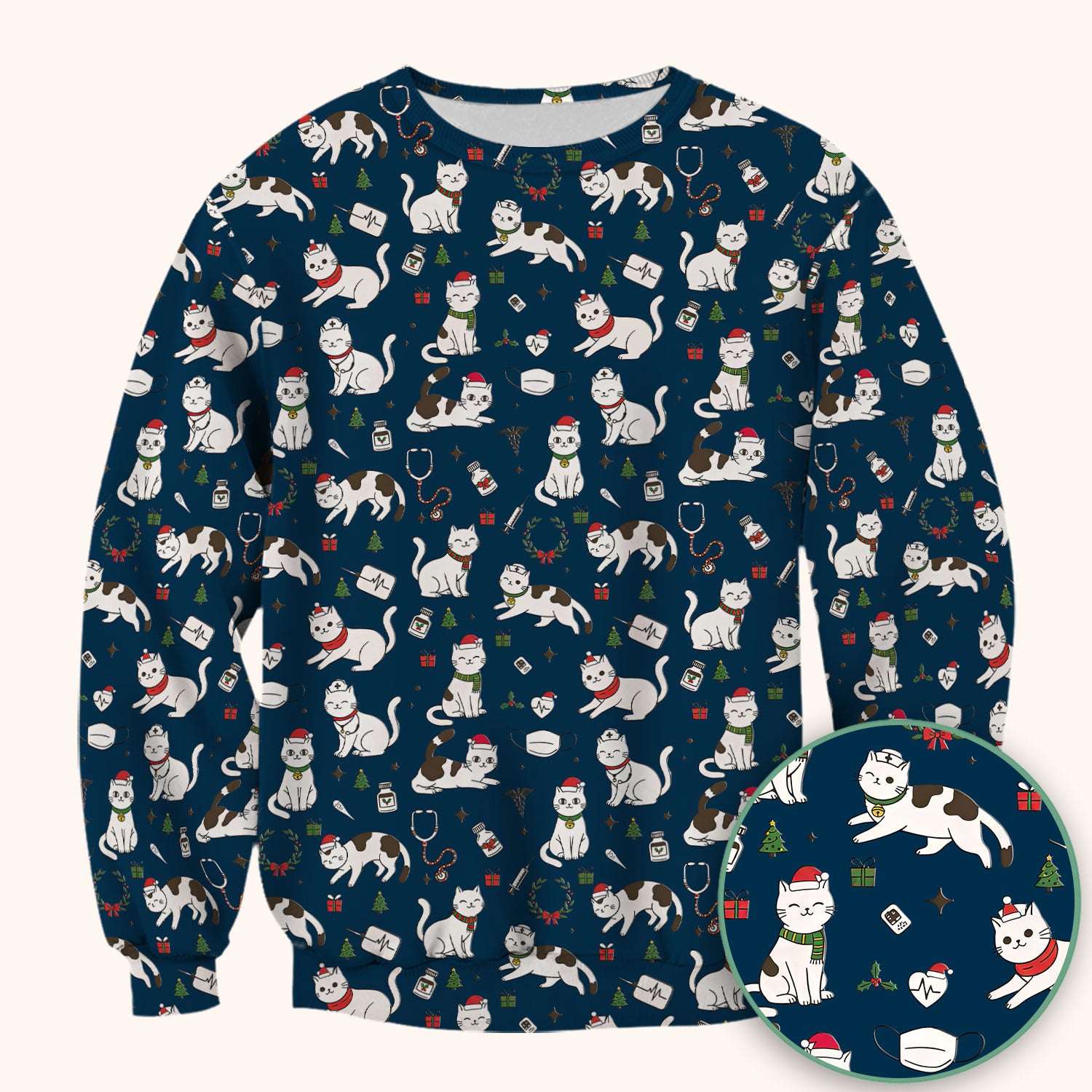 Christmas Cat Scrub Top – Festive Nurse & Holiday Kitty Pattern – Cute Medical Uniform for Nurses, Vets and Healthcare Workers