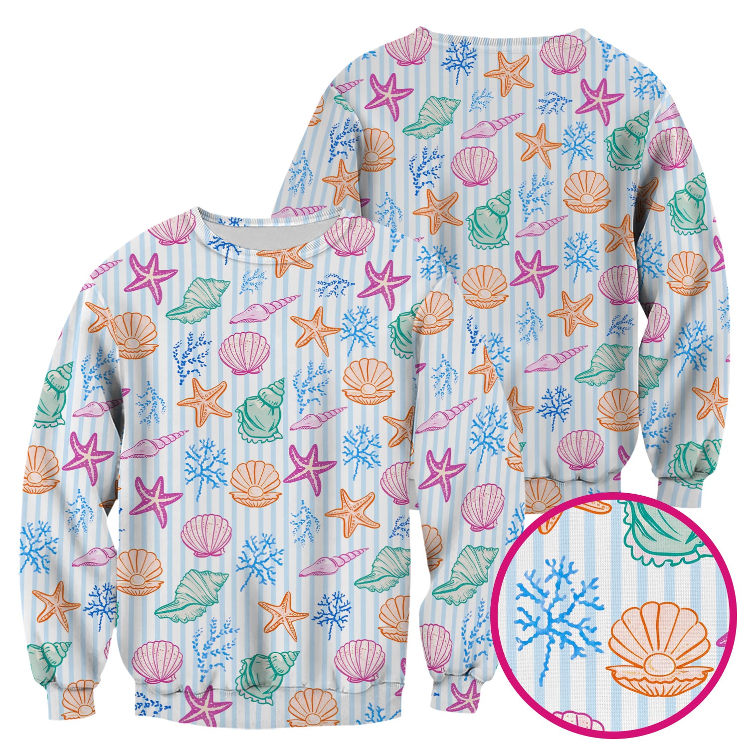 Colorful Seashell Starfish Ocean Stripe Pattern Scrub Top, Breathable Fabrics Nursing Uniform