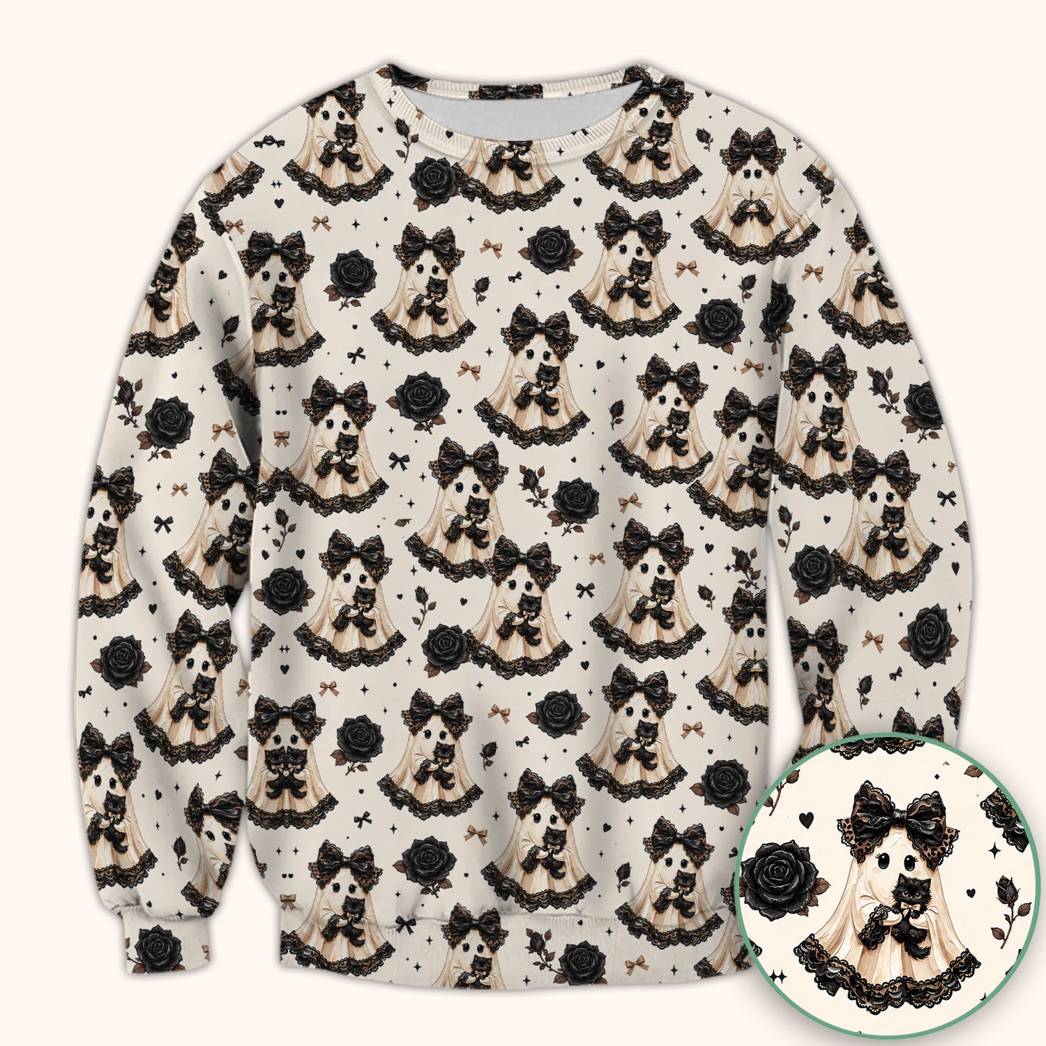 Halloween Ghost Black Cat Pattern Scrub Top, Comfortable Scrubs for Nurses