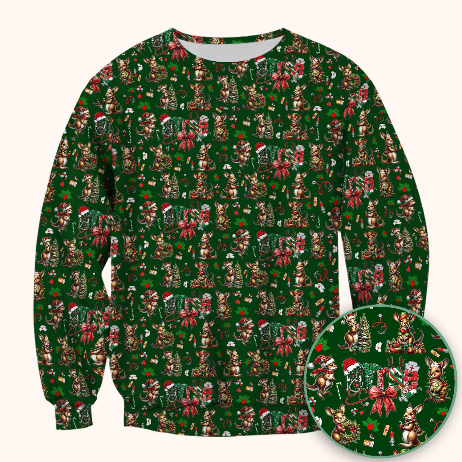 Whimsical Kangaroo Christmas Scrub Top – Festive Australian Animals Holiday Pattern – Cute Medical Uniform for Nurses, Vets & Healthcare Workers