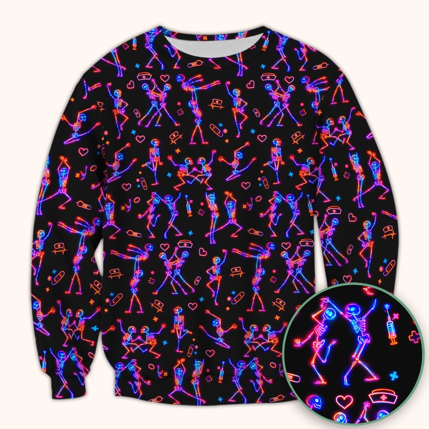 Neon Dancing Skeleton Medical Pattern Scrub Top, Comfortable Scrubs for Nurses