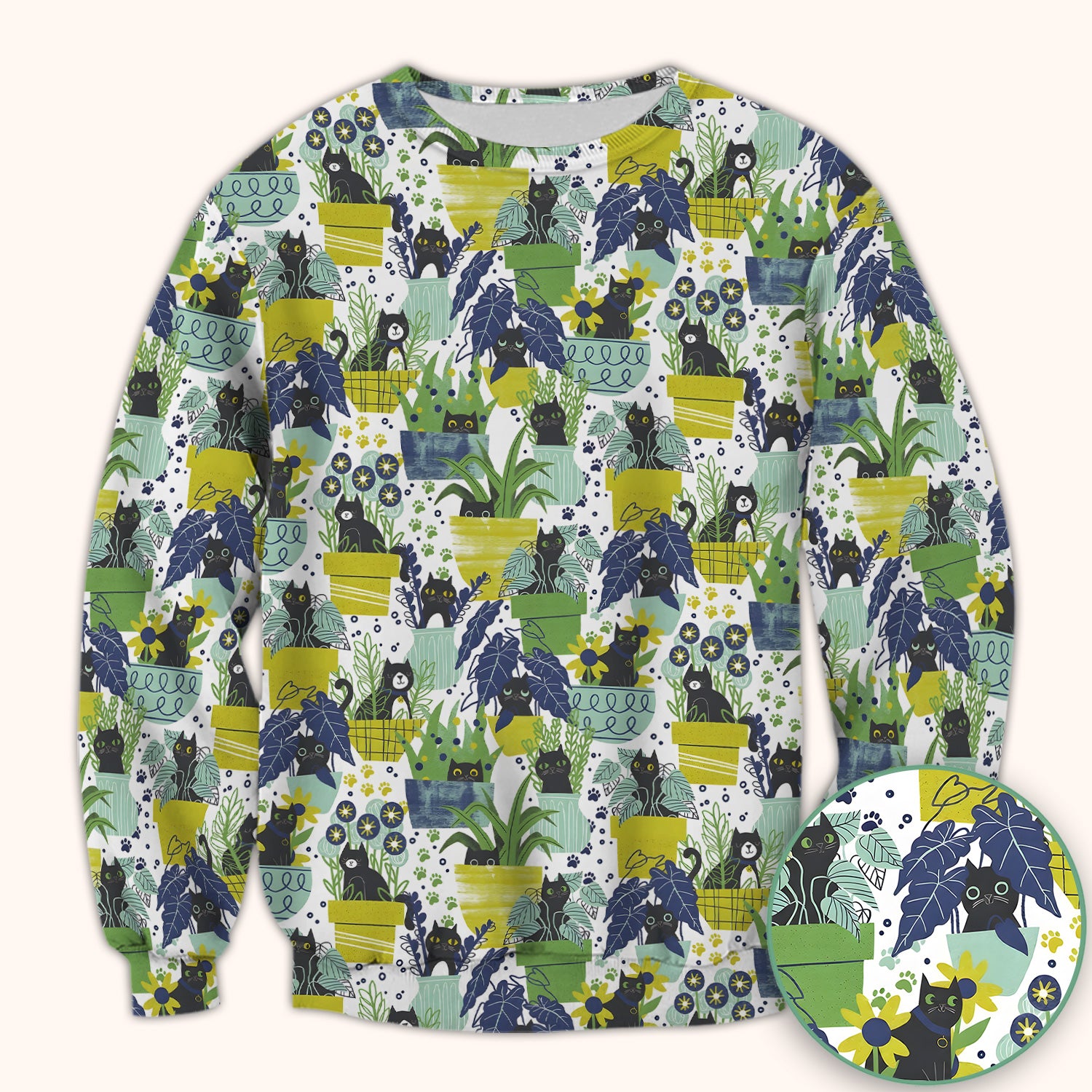Black Cat Planter Garden Pattern Scrub Top, Comfortable Scrubs for Nurses