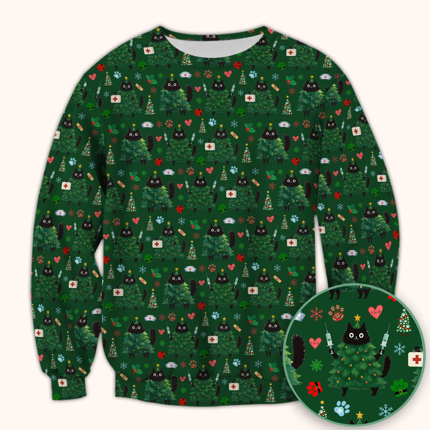 Christmas Nurse Scrub Top, Xmas Black Cat Pattern Nurse Shirt,  Breathable Fabrics Nursing Uniform