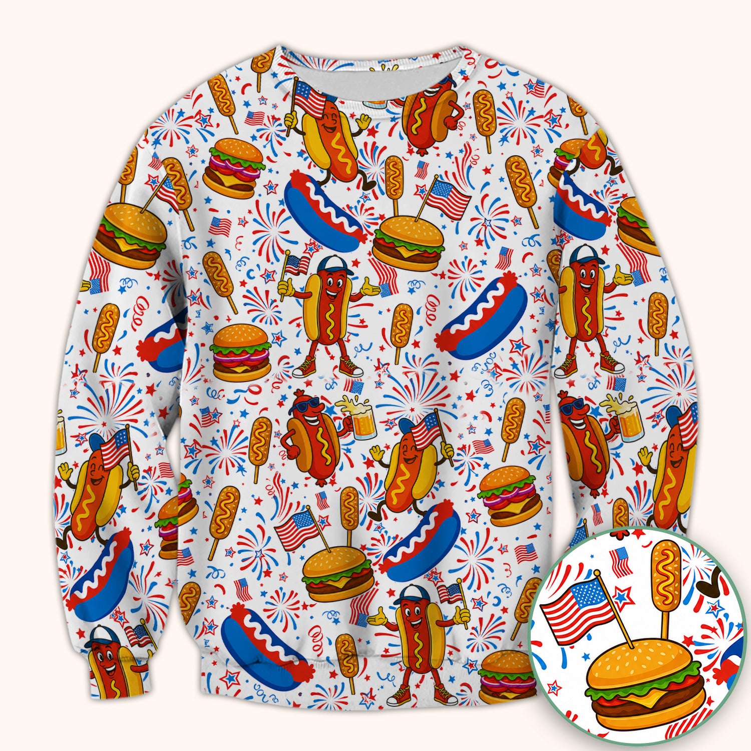 Patriotic Hot Dog Burger Fireworks Scrub Top, Comfortable Scrubs for Nurses