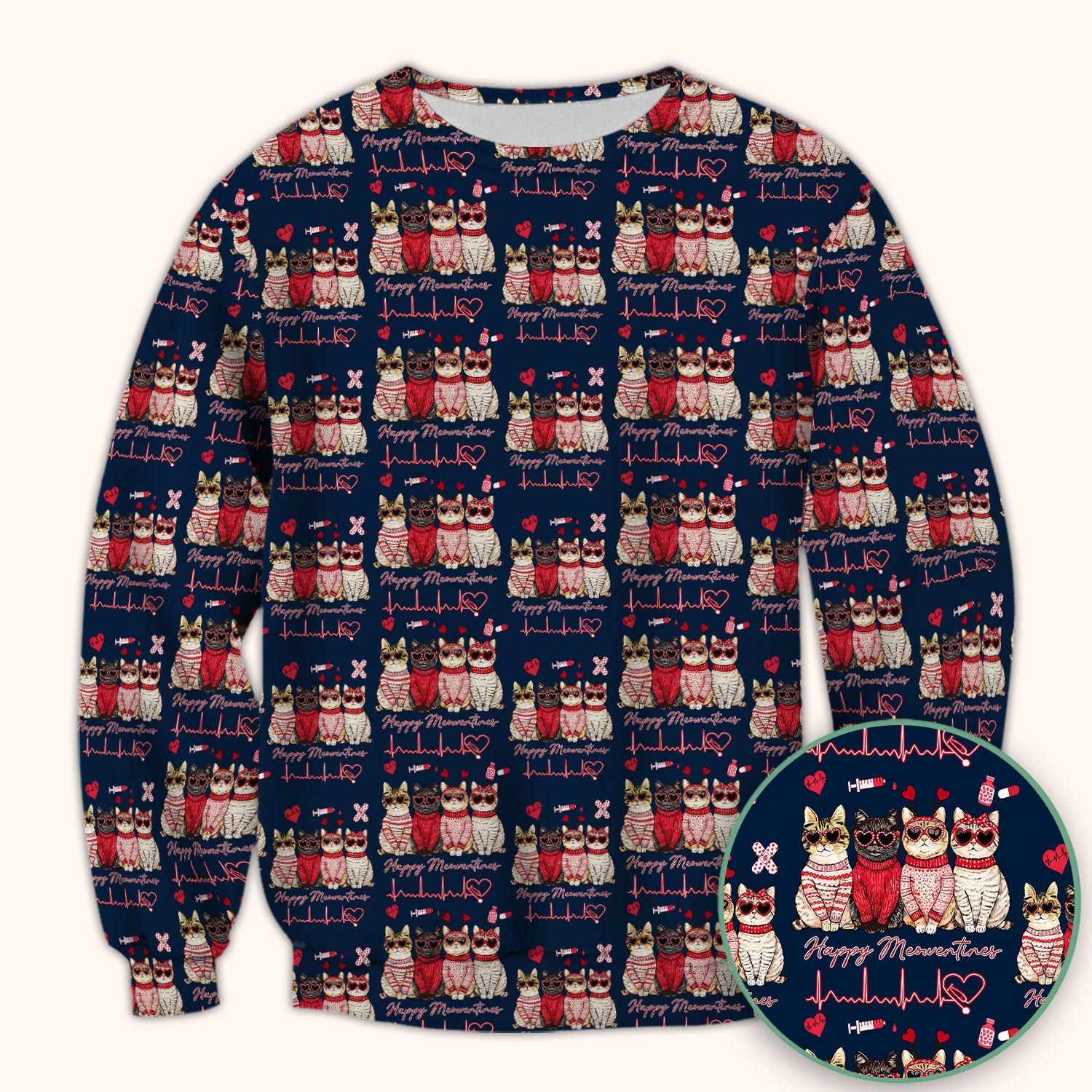 Happy Meowtines Cat Pattern Scrub Top, Valentine Cat Lover Nurse Scrub Shirt, Heartbeat Medical Pattern Nursing Uniform