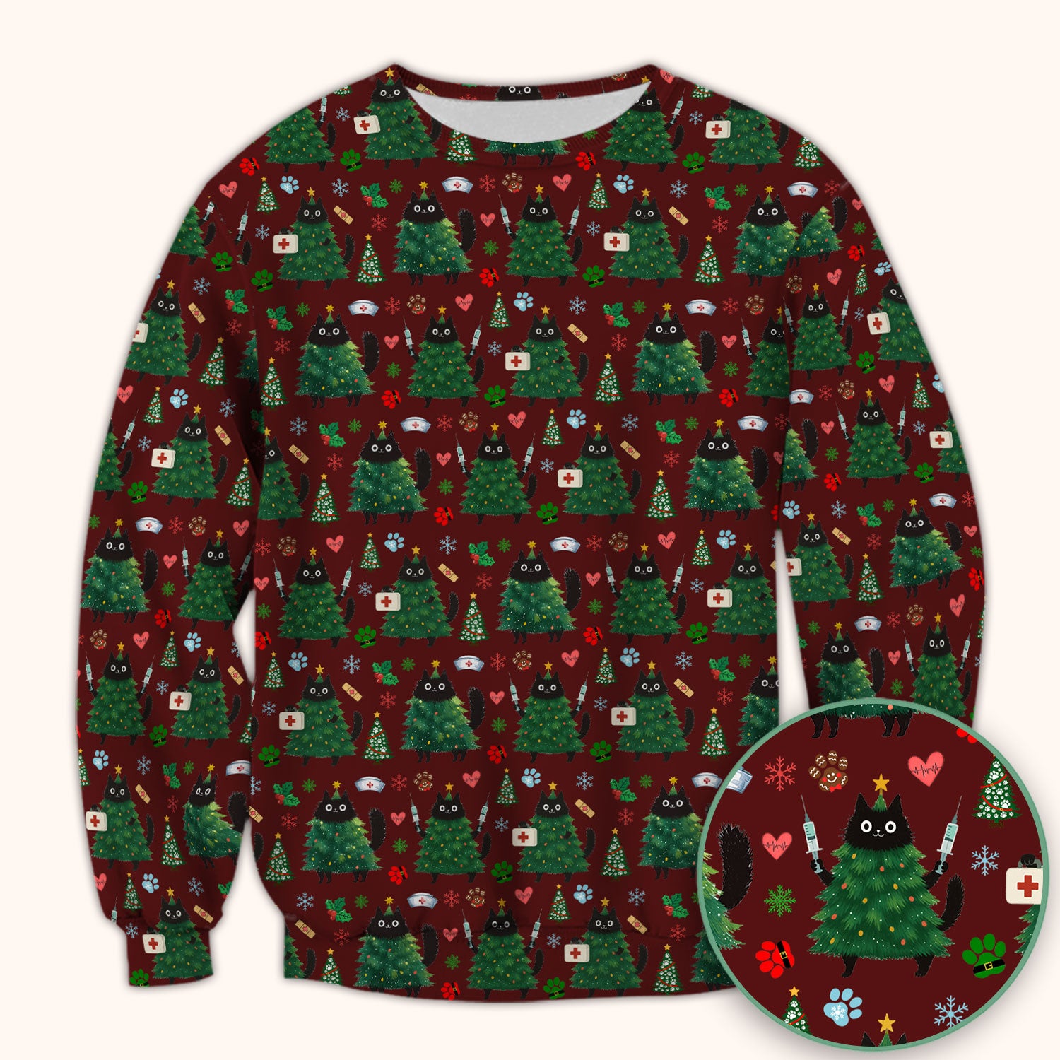 Christmas Nurse Scrub Top, Xmas Black Cat Pattern Nurse Shirt,  Breathable Fabrics Nursing Uniform
