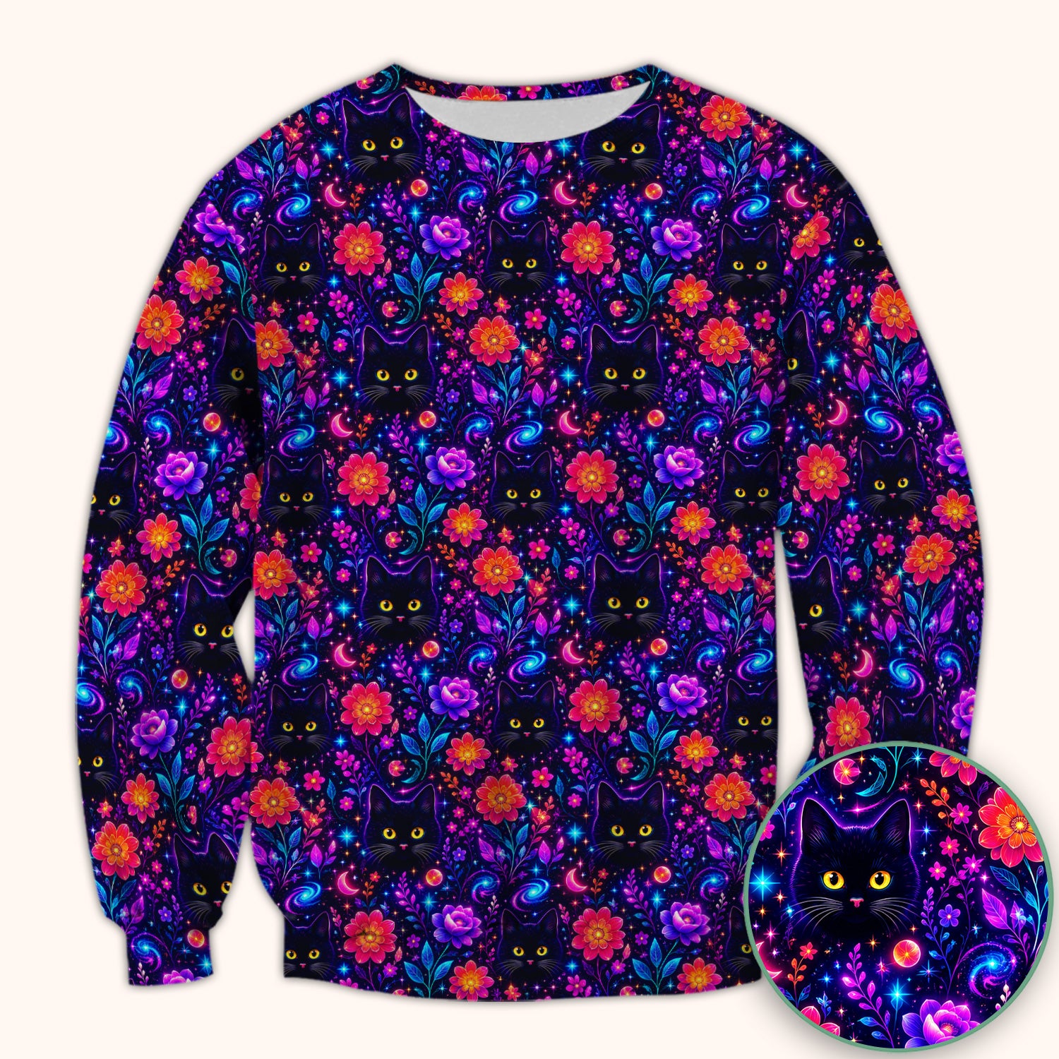 Galaxy Black Cat Floral Pattern Scrub Top, Comfortable Scrubs for Nurses