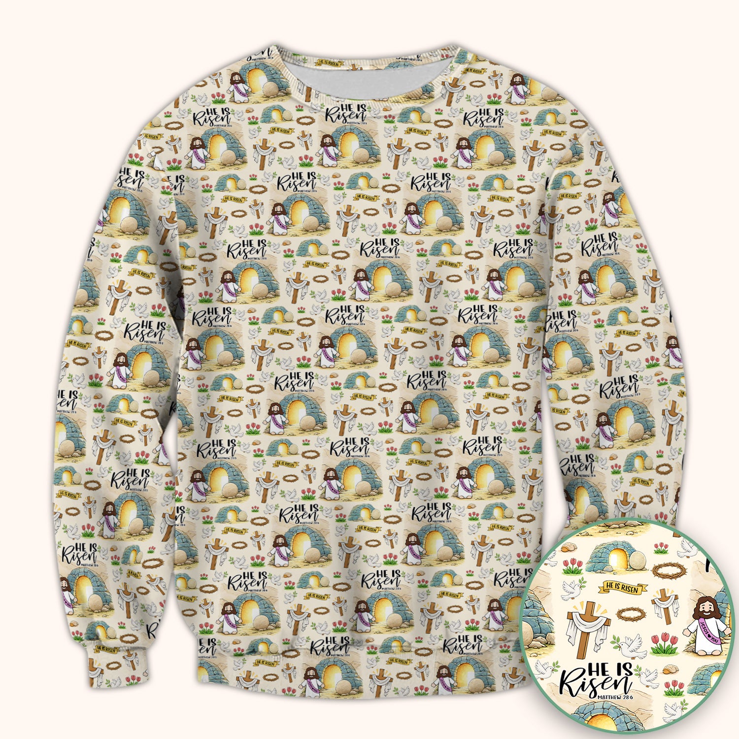 Christian Easter He Is Risen Resurrection Pattern Scrub Top, Breathable Healthcare Uniform Top