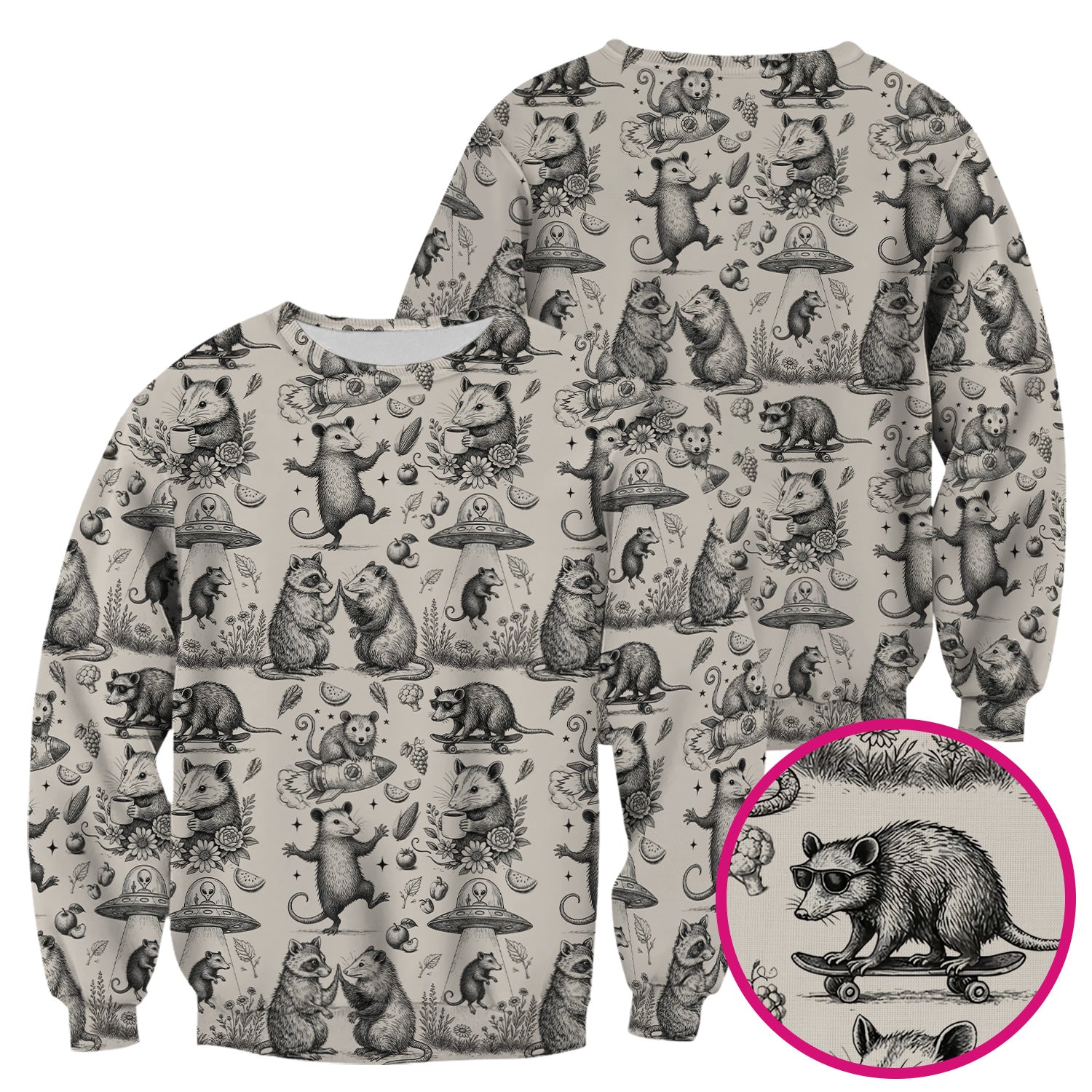 Funny Nurse Vintage Possum Raccoon High Five UFO Pattern Scrub Top, Breathable Fabrics Nursing Uniform