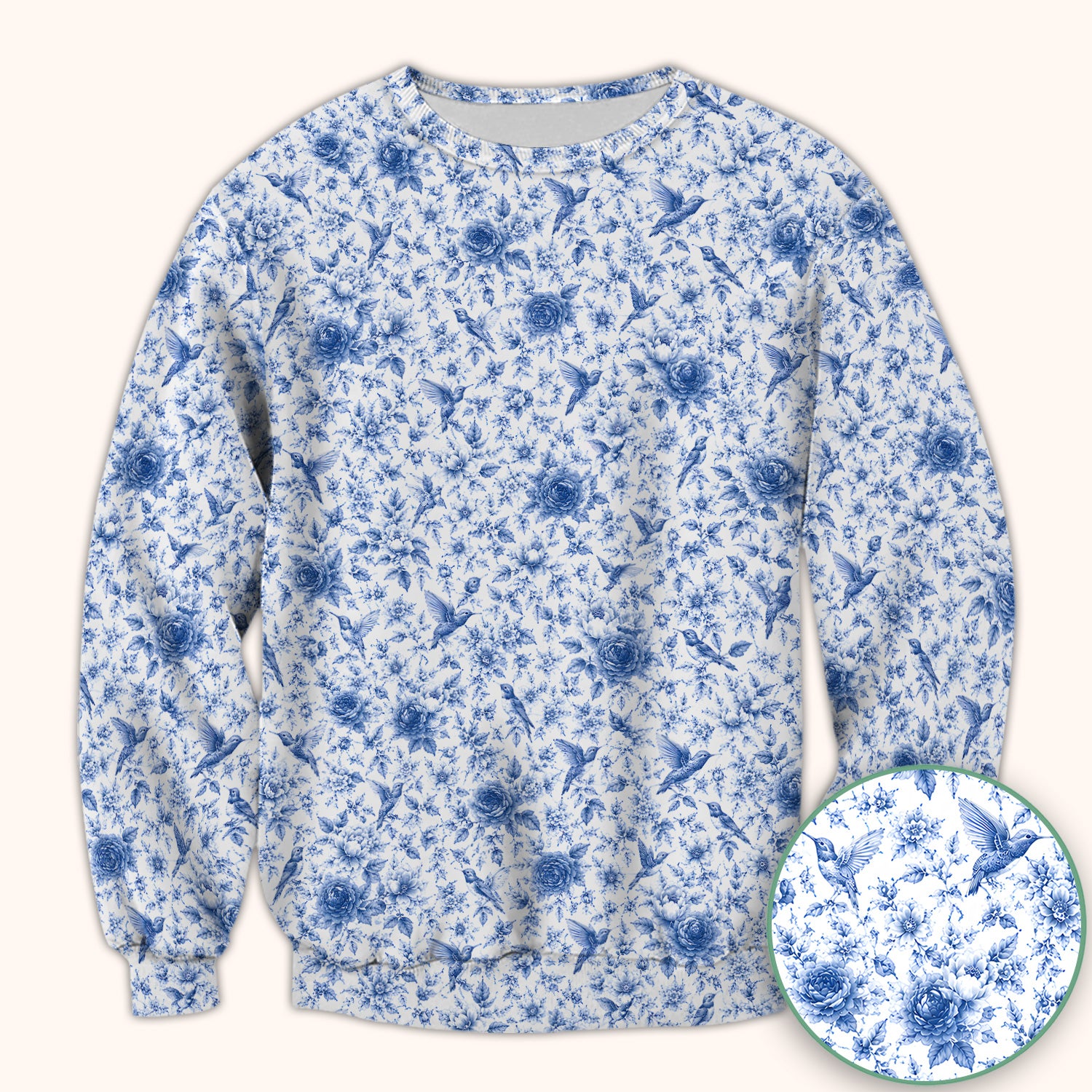 Blue Floral Hummingbird Toile Pattern Scrub Top, Comfortable Scrubs for Nurses