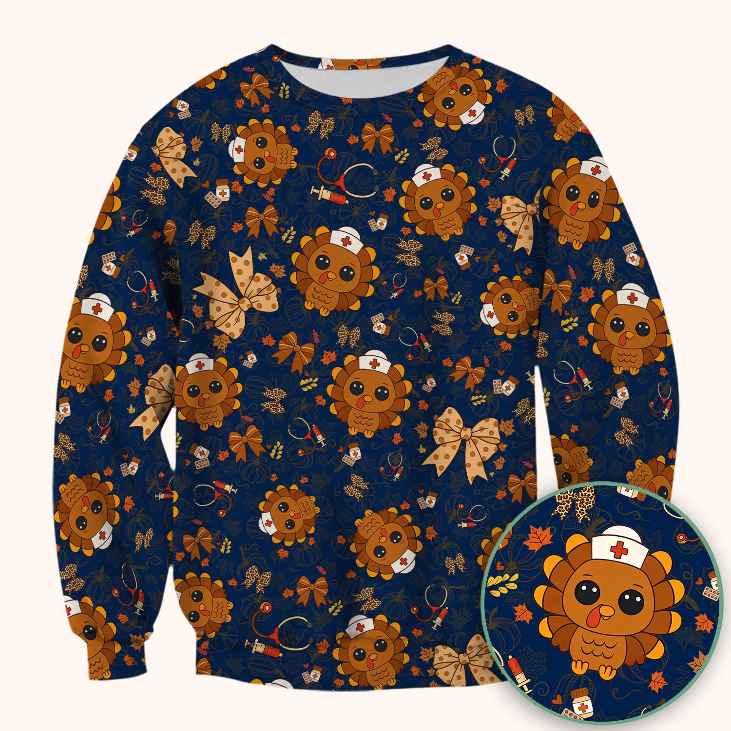 Thanksgiving Turkey Nurse Scrub Top for Women - Cute Fall Leaves and Bow Shirt - Autumn Medical Shirt Gift for RN CNA LPN Doctor