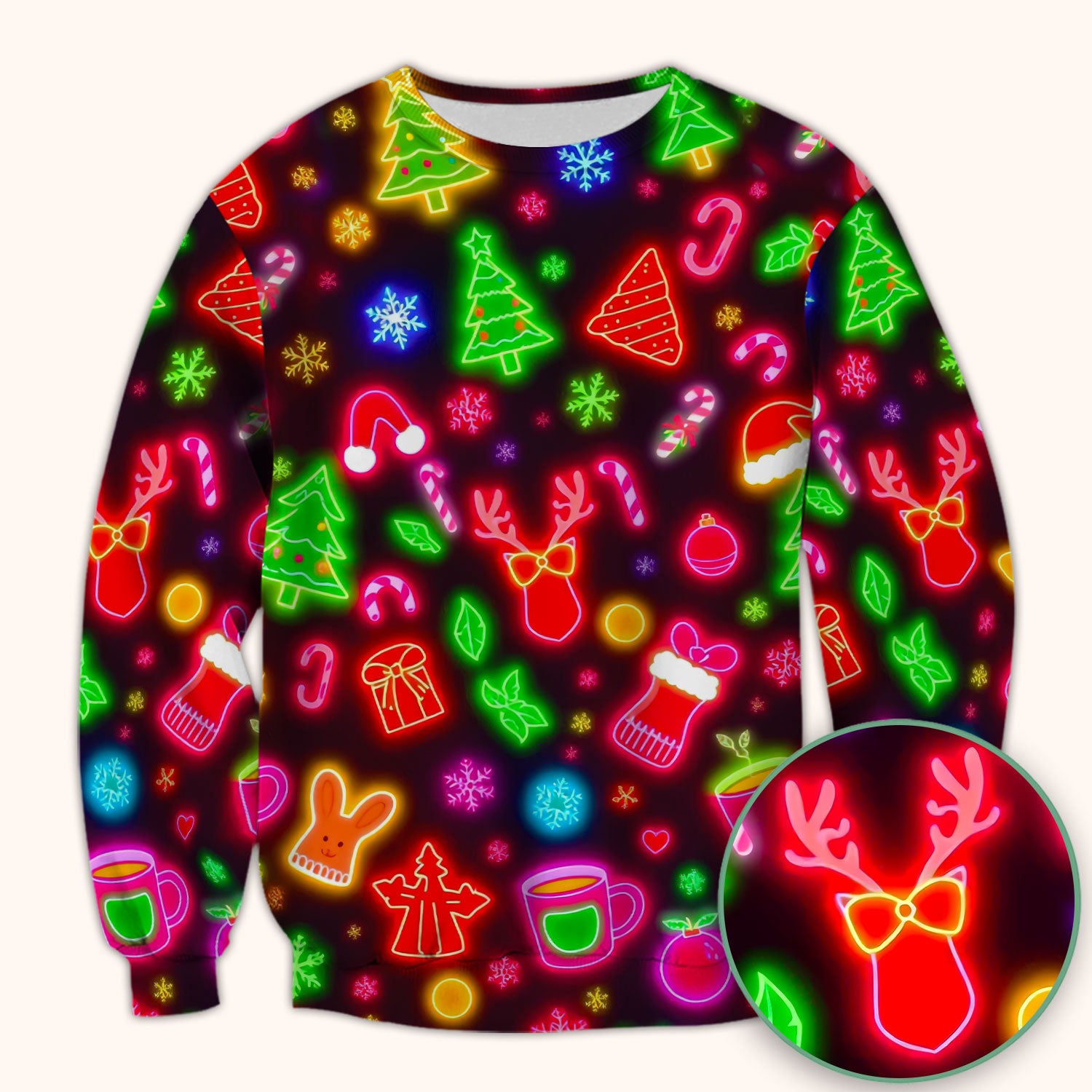 Reindeer Neon Xmas Scrub Top, Christmas Pattern Scrub Shirt,  Breathable Fabrics Nursing Uniform