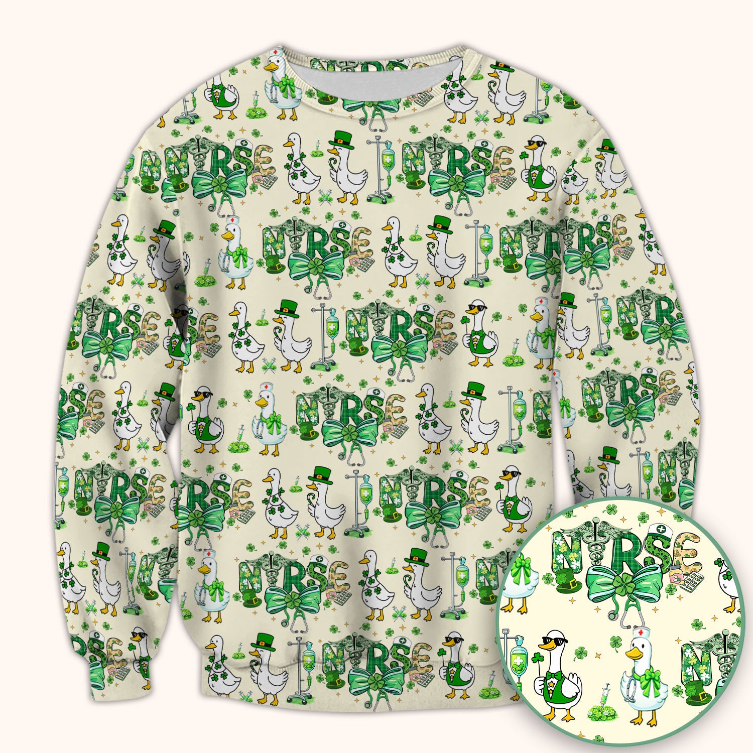 Funny Goose Nurse Shamrock Scrub Top, St. Patrick’s Day Nurse Pattern Shirt, Breathable Fabrics Nursing Uniform