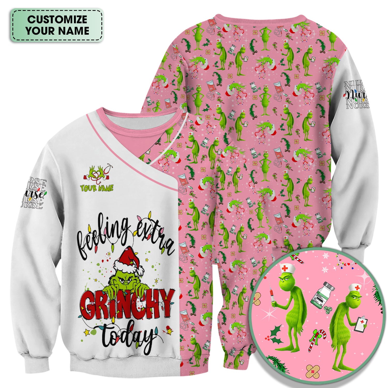 Personalized Grinch Nurse Scrub Top - Funny Christmas Scrub Shirt Multi Color - Feeling Extra Grinchy Today Holiday Nursing Gift