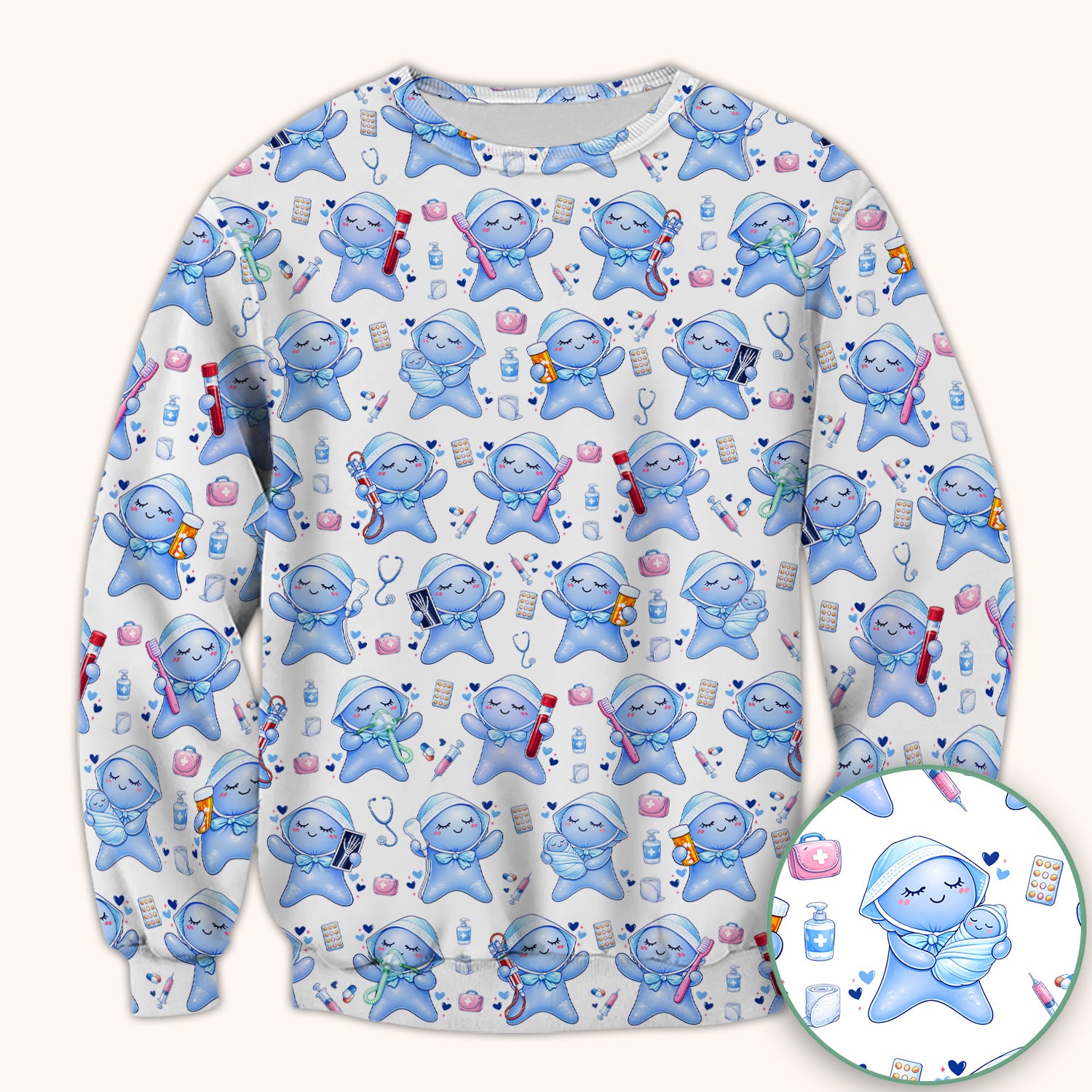 Cute Tooth Character Dental Tools Caring Pattern Scrub Top, Breathable Fabrics Nursing Uniform