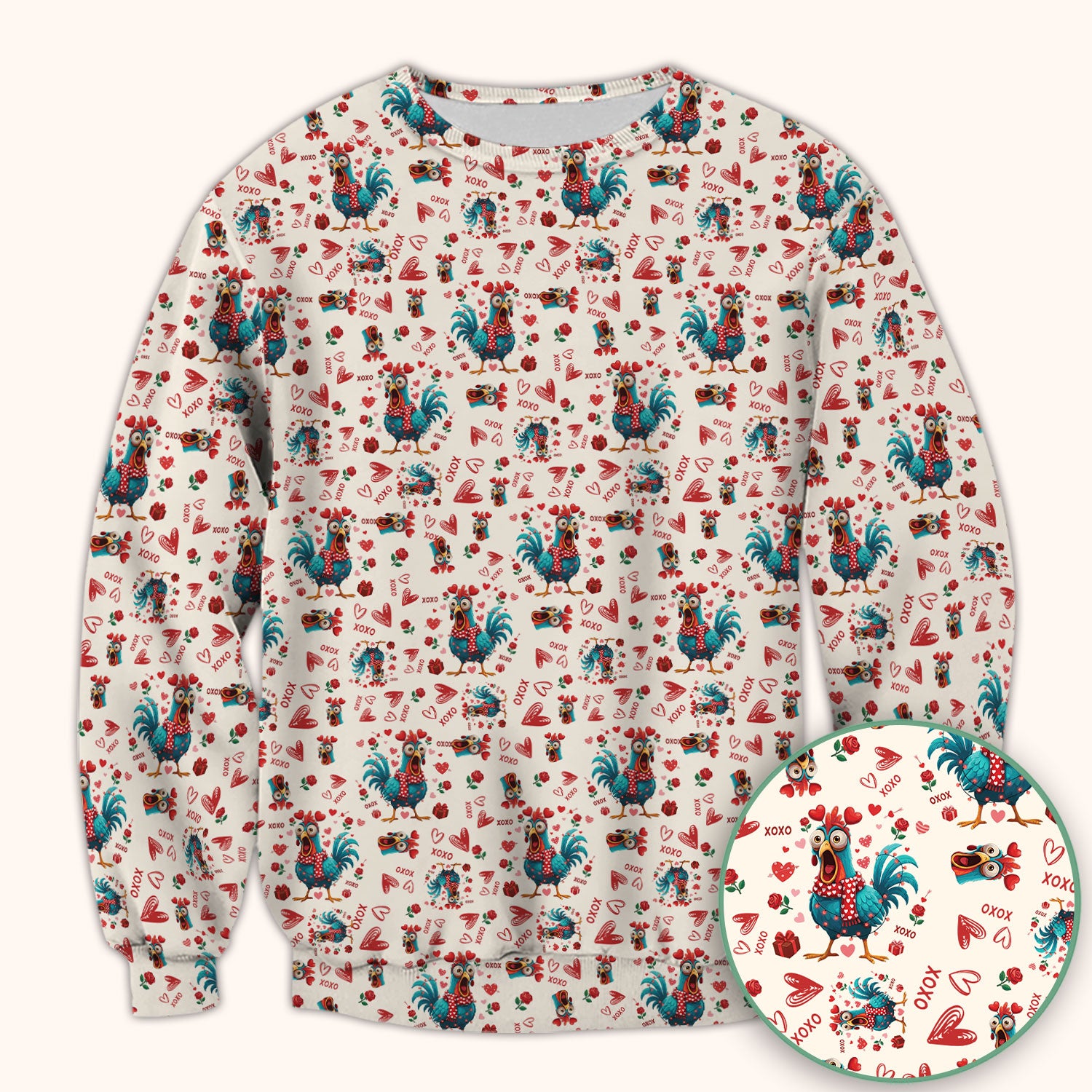 Funny Rooster Valentine Scrub Top, Cute Chicken XOXO Heart Pattern Nurse Shirt, Breathable Fabrics Nursing Uniform