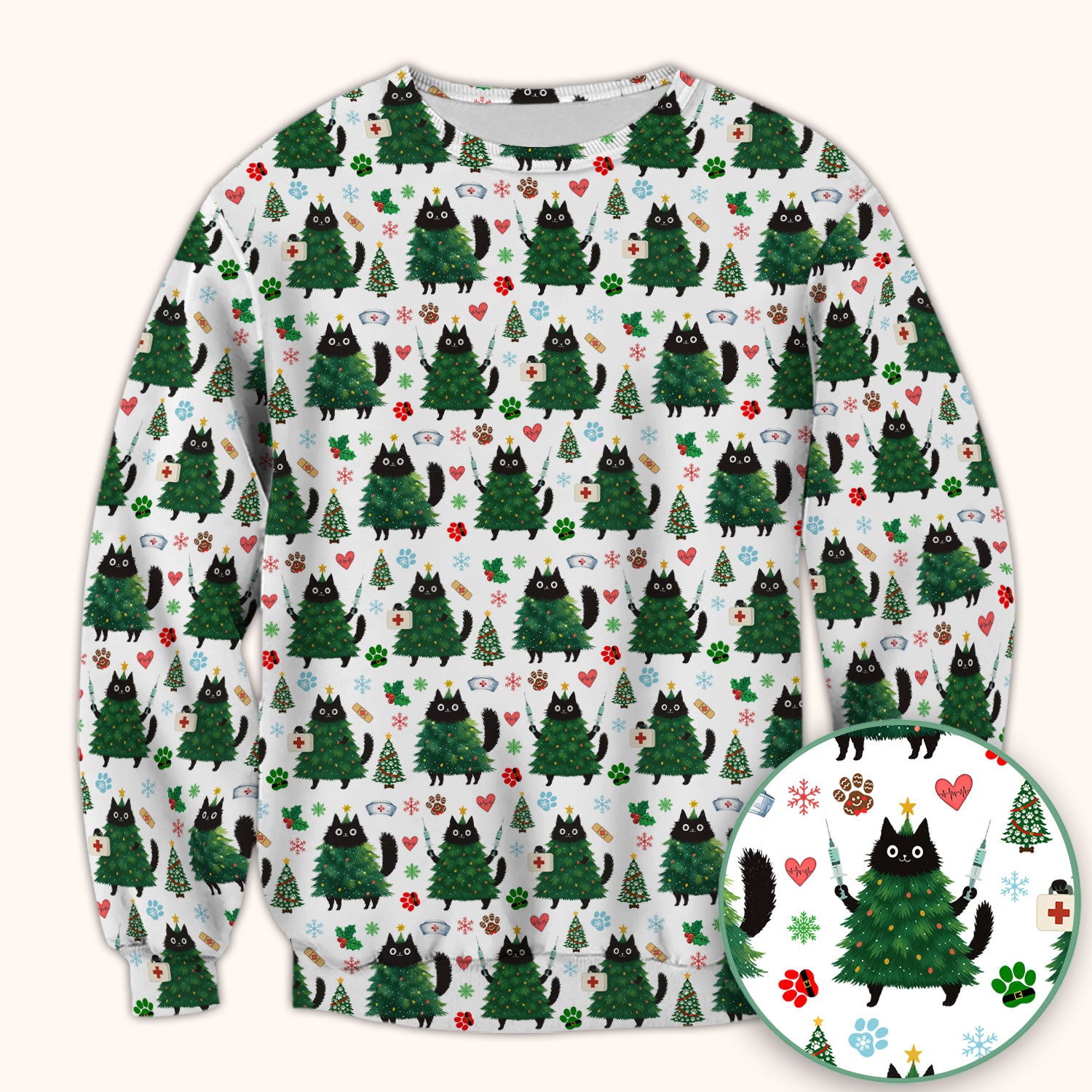 Christmas Nurse Scrub Top, Xmas Black Cat Pattern Nurse Shirt,  Breathable Fabrics Nursing Uniform