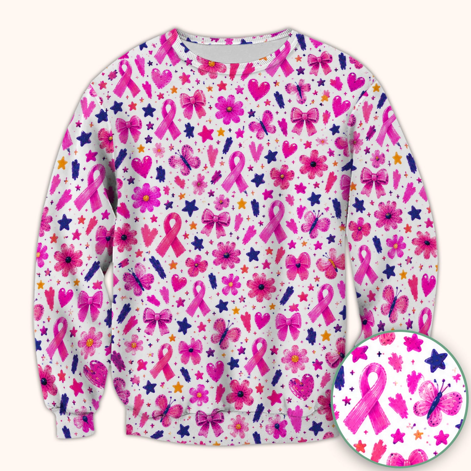 Pink Ribbon Floral Pattern Scrub Top, Comfortable Scrubs for Nurses