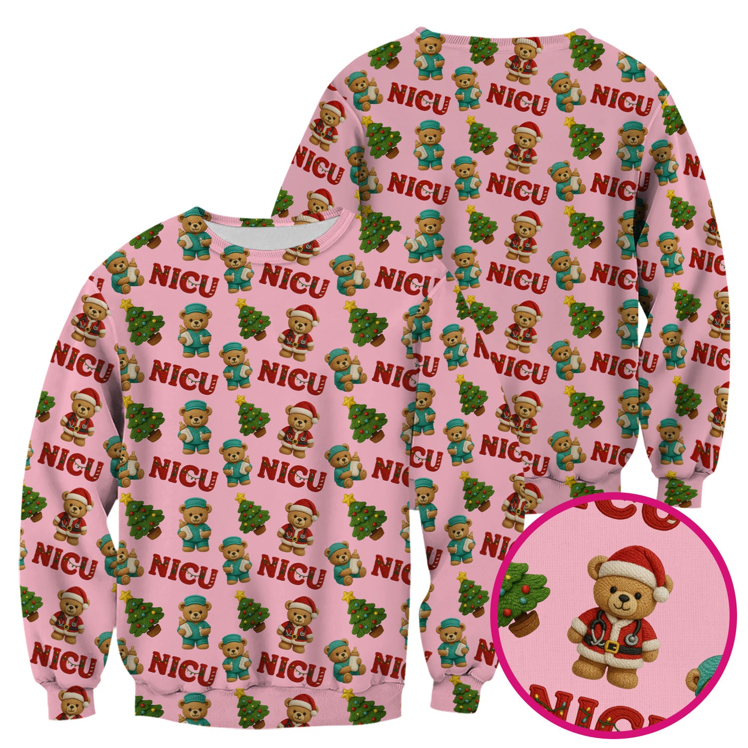 Festive Christmas NICU Nurse Teddy Bear Pattern, Breathable Fabrics Nursing Uniform