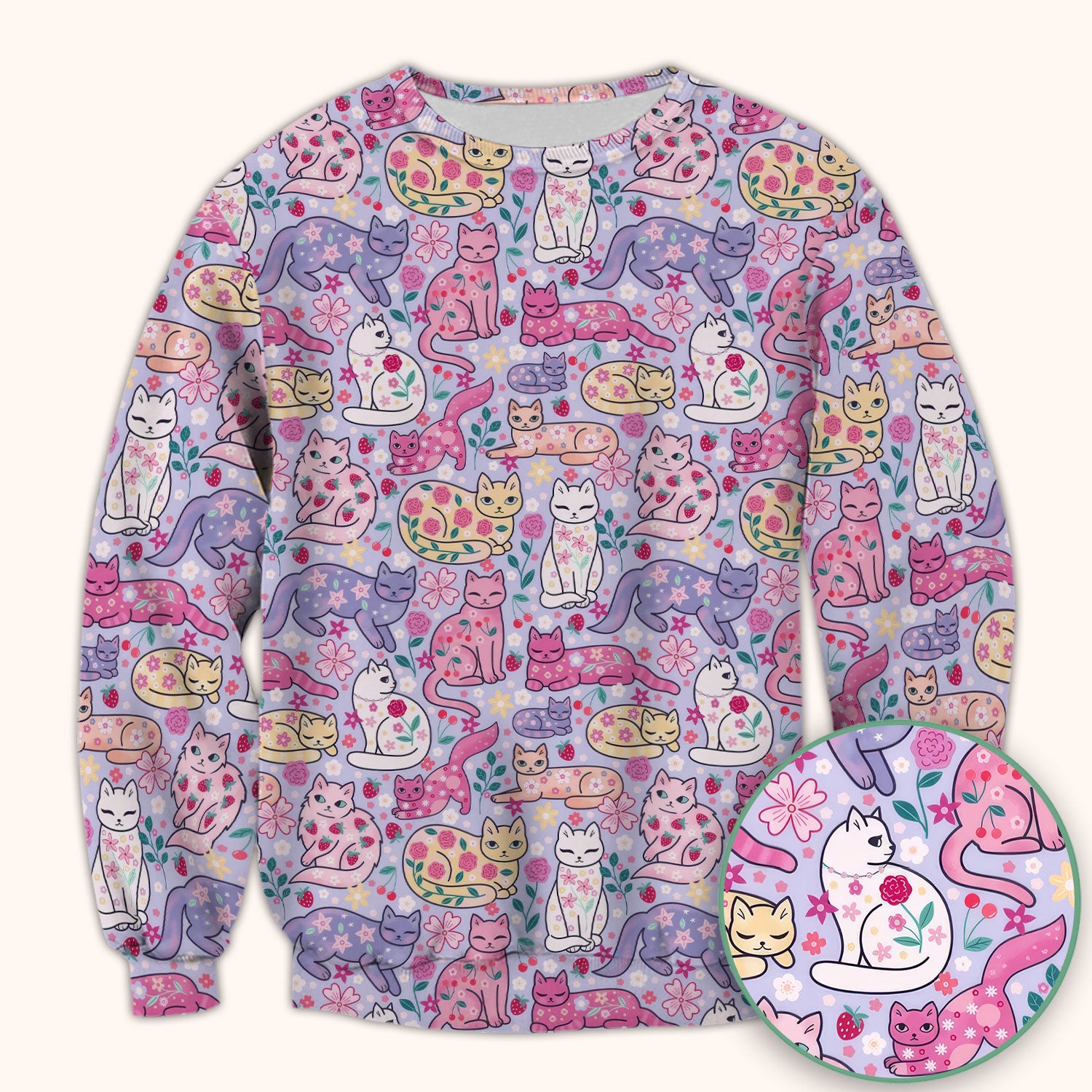 Funny Colorful Pastel Cats Floral Strawberry Print Scrub Top, Breathable Fabrics Nursing Uniform