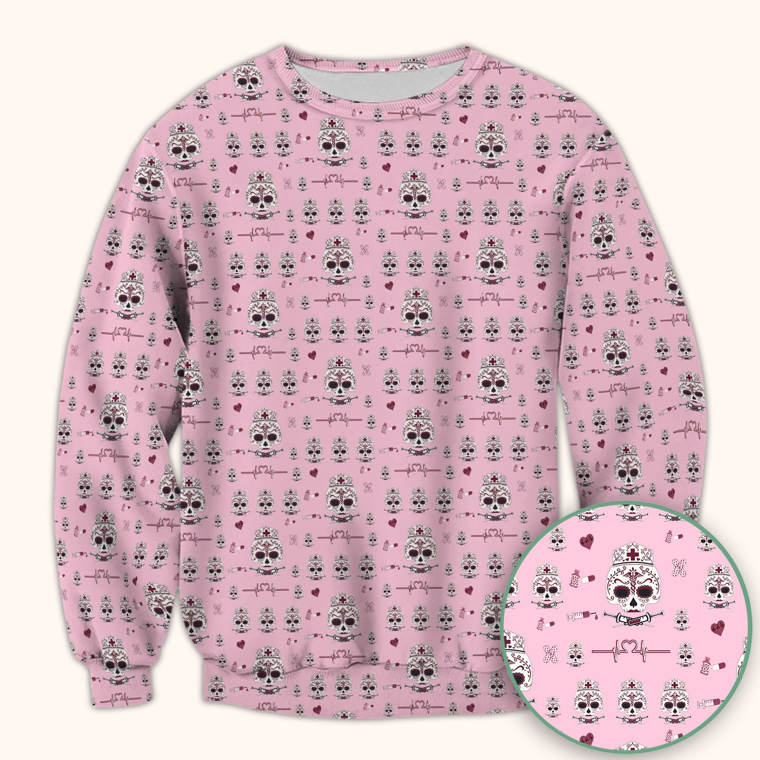 Sugar Skull Scrub Top, Skull Pattern Scrub Shirt, Breathable Fabrics Nursing Uniform