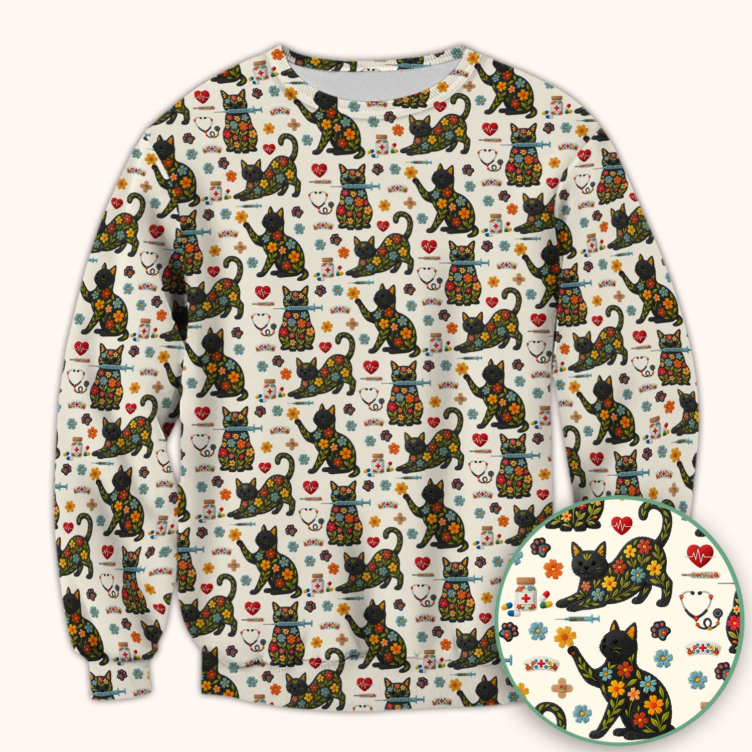 Floral Black Cat Pattern Scrub Top, Cute Cat Nurse Scrub Shirt, Medical Nursing Uniform