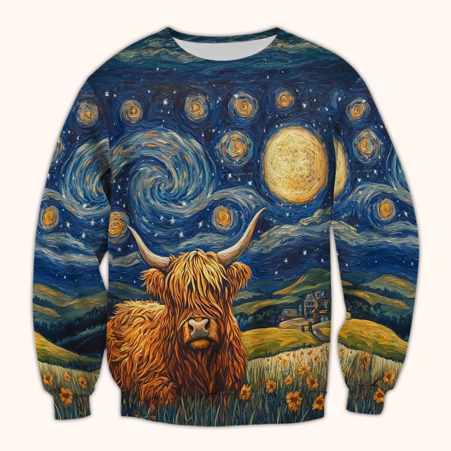 Artistic Highland Cow Starry Night Scene Pattern Scrub Top, Comfortable Scrubs for Nurses