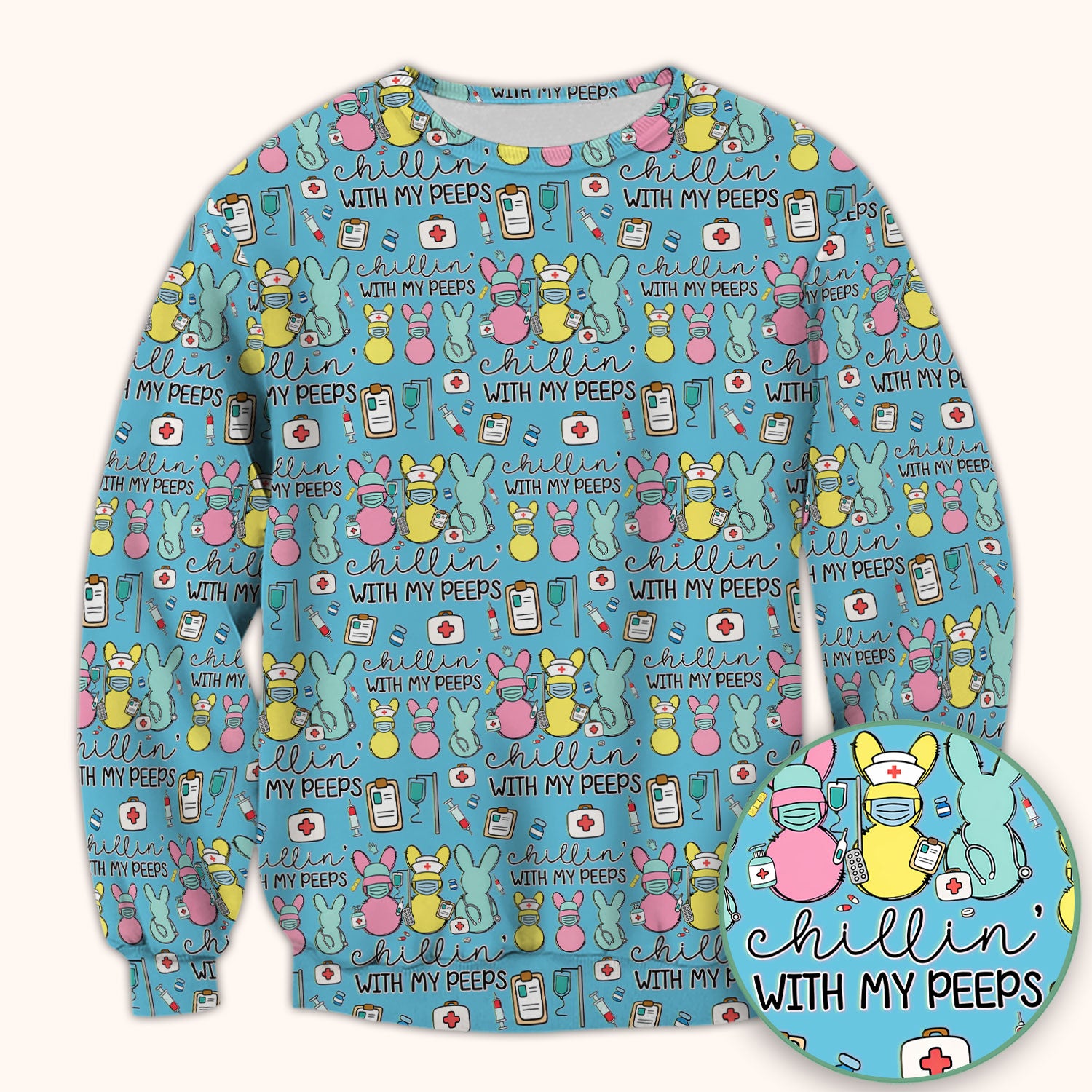 Cute Bunny Nurse Chillin With My Peeps Scrub Top, Comfortable Scrubs for Nurses, Easter