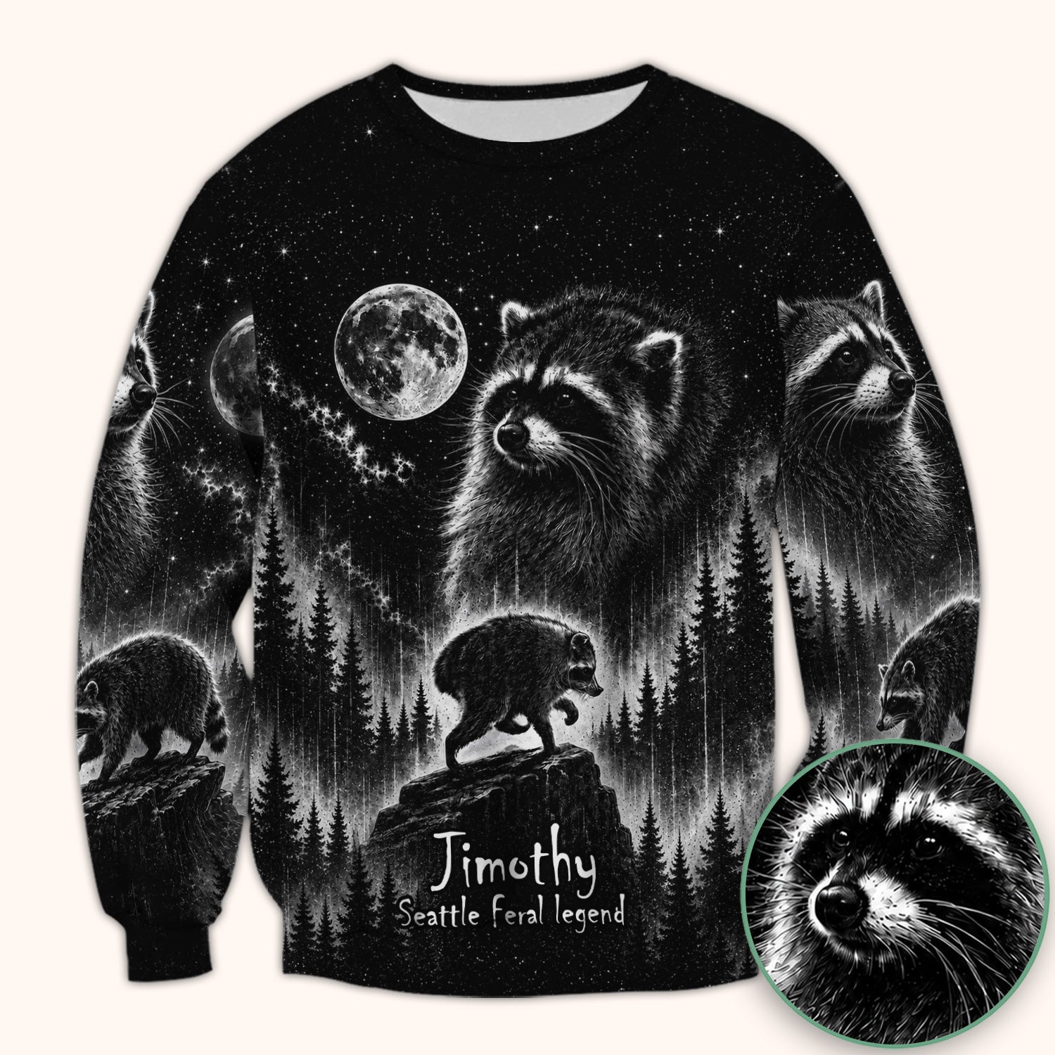 Moonlit Raccoon Forest Print Scrub Top, Comfortable Scrubs for Nurses