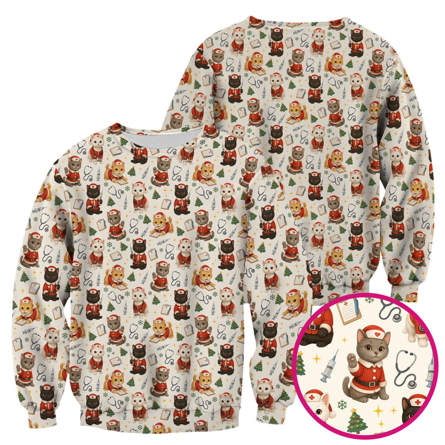 Christmas Nurse Scrub Top for Women - Cute Lucky Cat Pattern - Funny Holiday Nursing Shirt Gift for RN LPN CNA