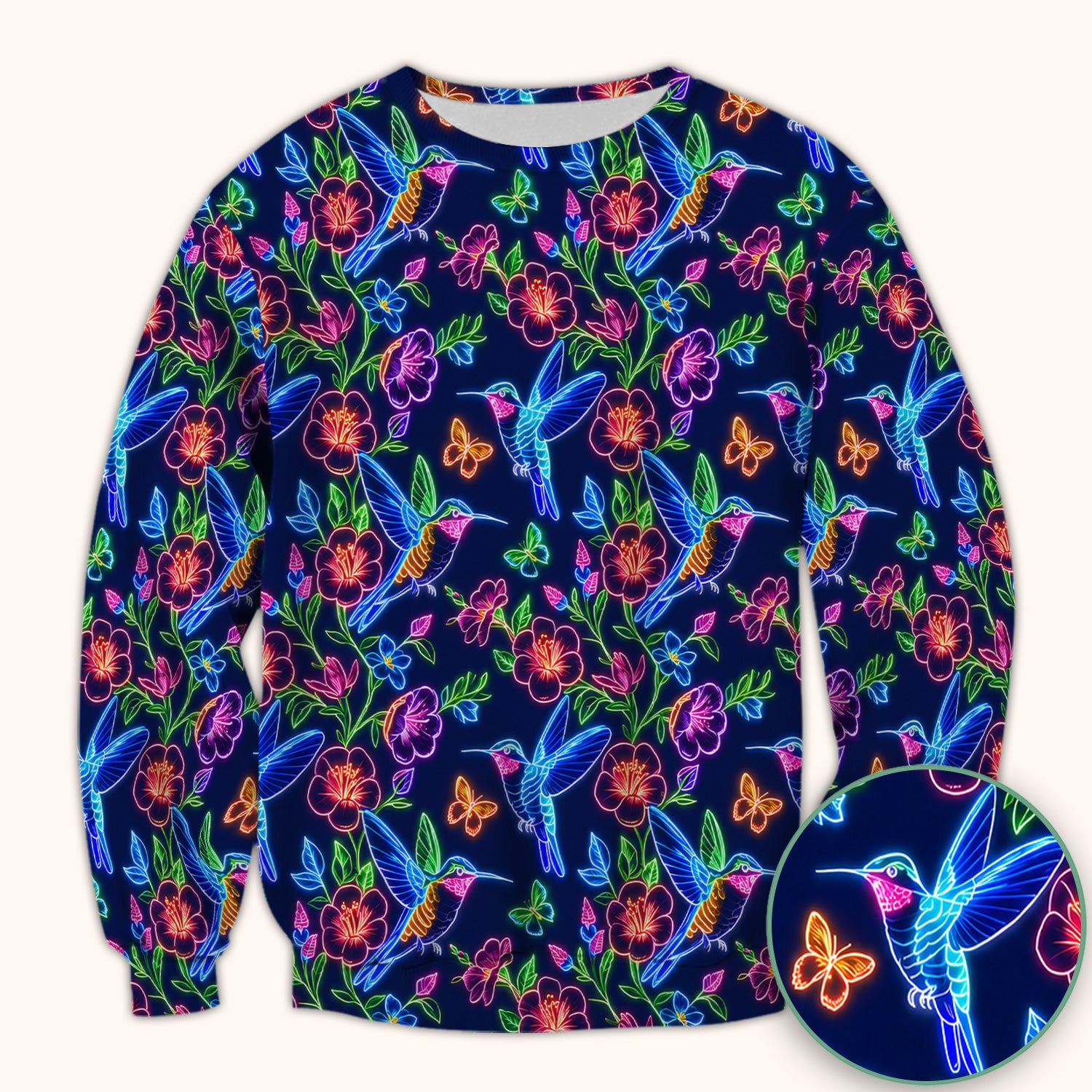 Neon Hummingbird Floral Garden Pattern Scrub Top, Comfortable Scrubs for Nurses