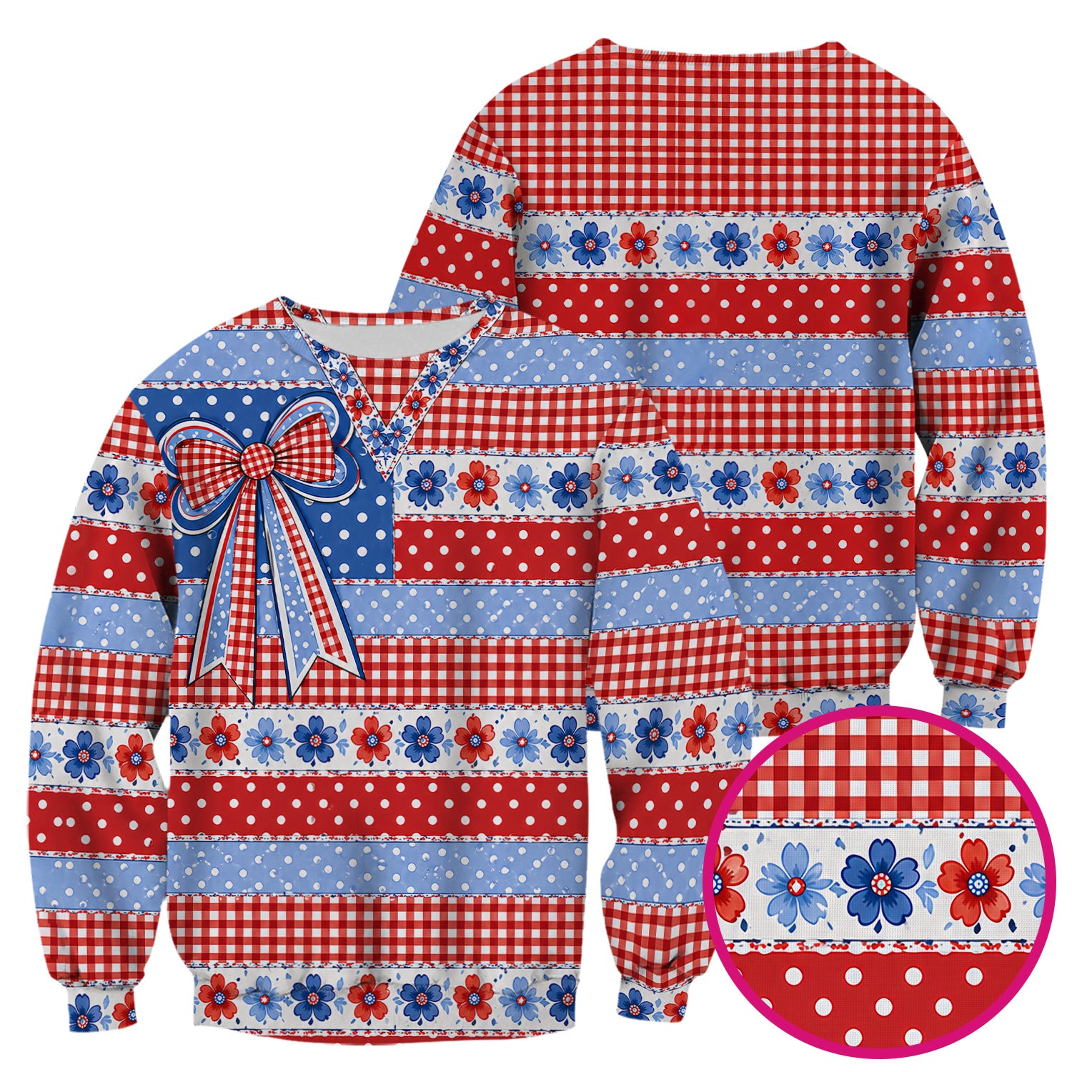 Patriotic Gingham Bow Floral Pattern Scrub Top, Comfortable Scrubs for Nurses