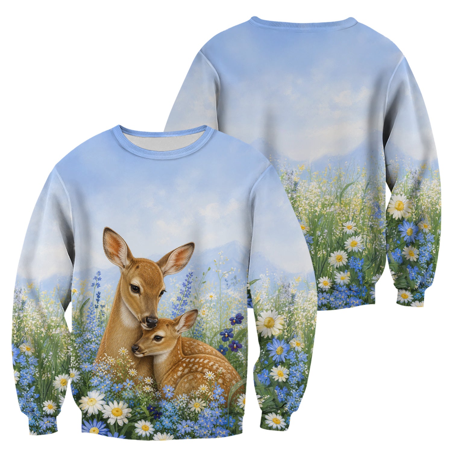 Cute Deer Mother Baby With Meadow Pattern Scrub Top, Comfortable Scrubs for Nurses