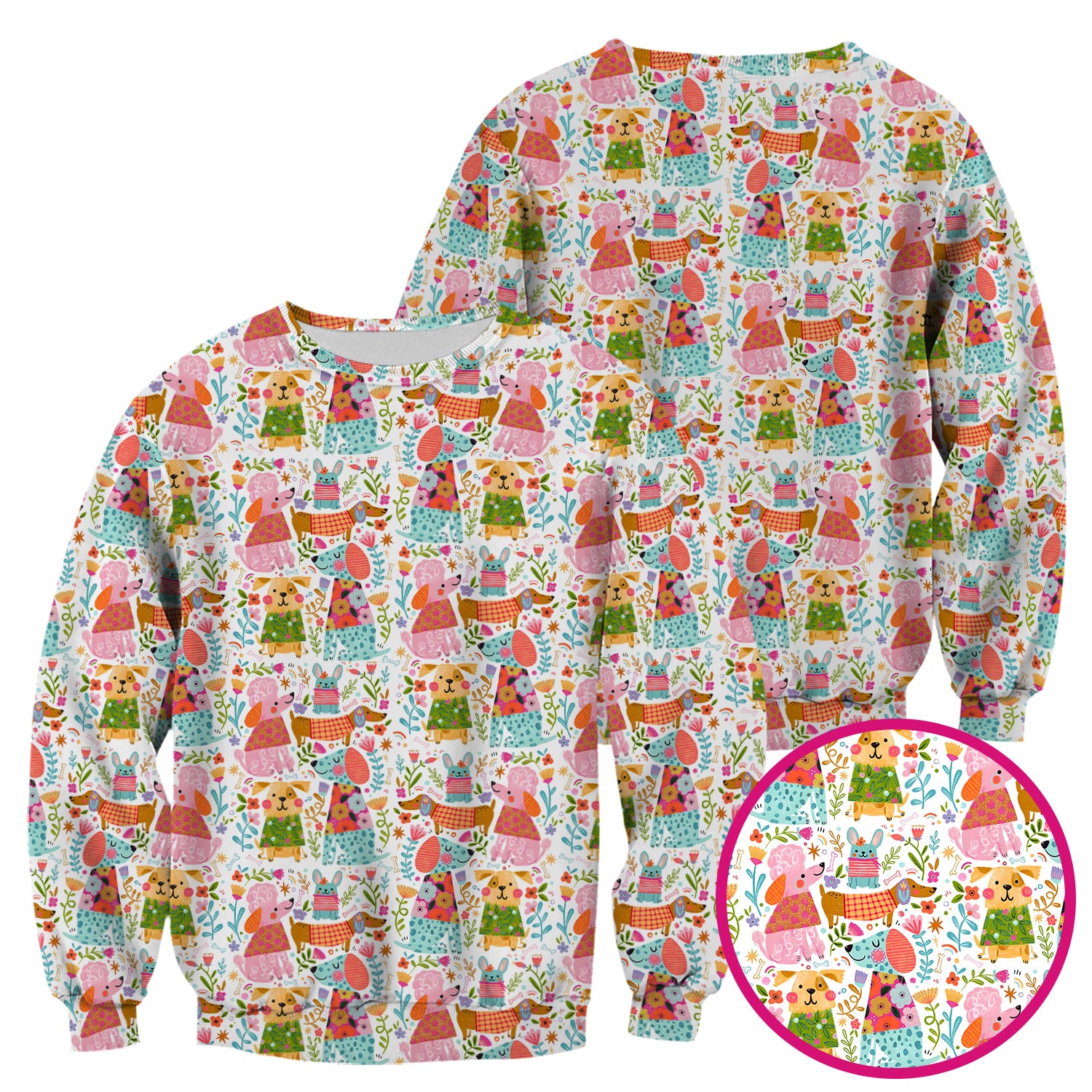 Cute Colorful Dog Floral Cartoon Pattern Scrub Top, Comfortable Scrubs For Nurses