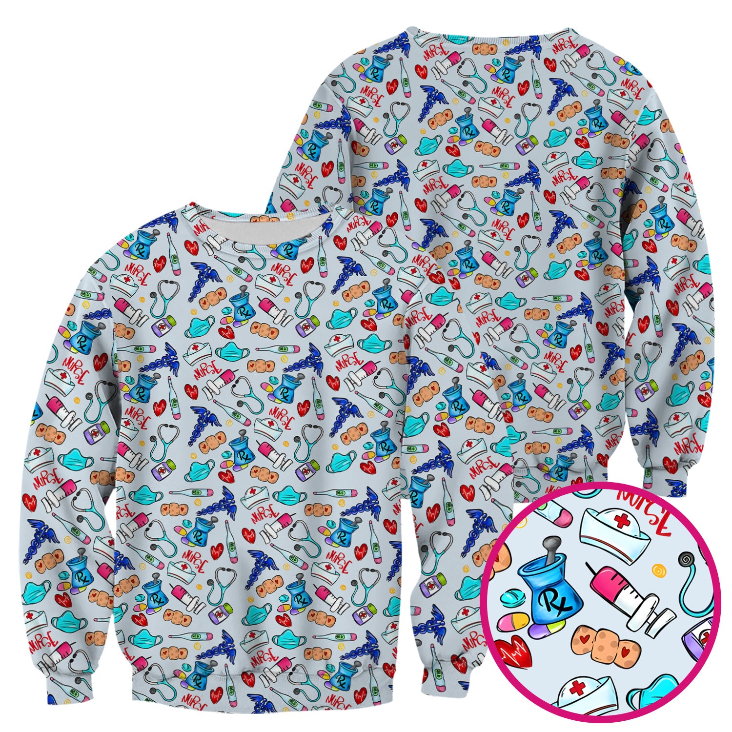 Nurse Medical Icons Stethoscope Heart Pattern Scrub Top, Comfortable Scrubs for Nurses